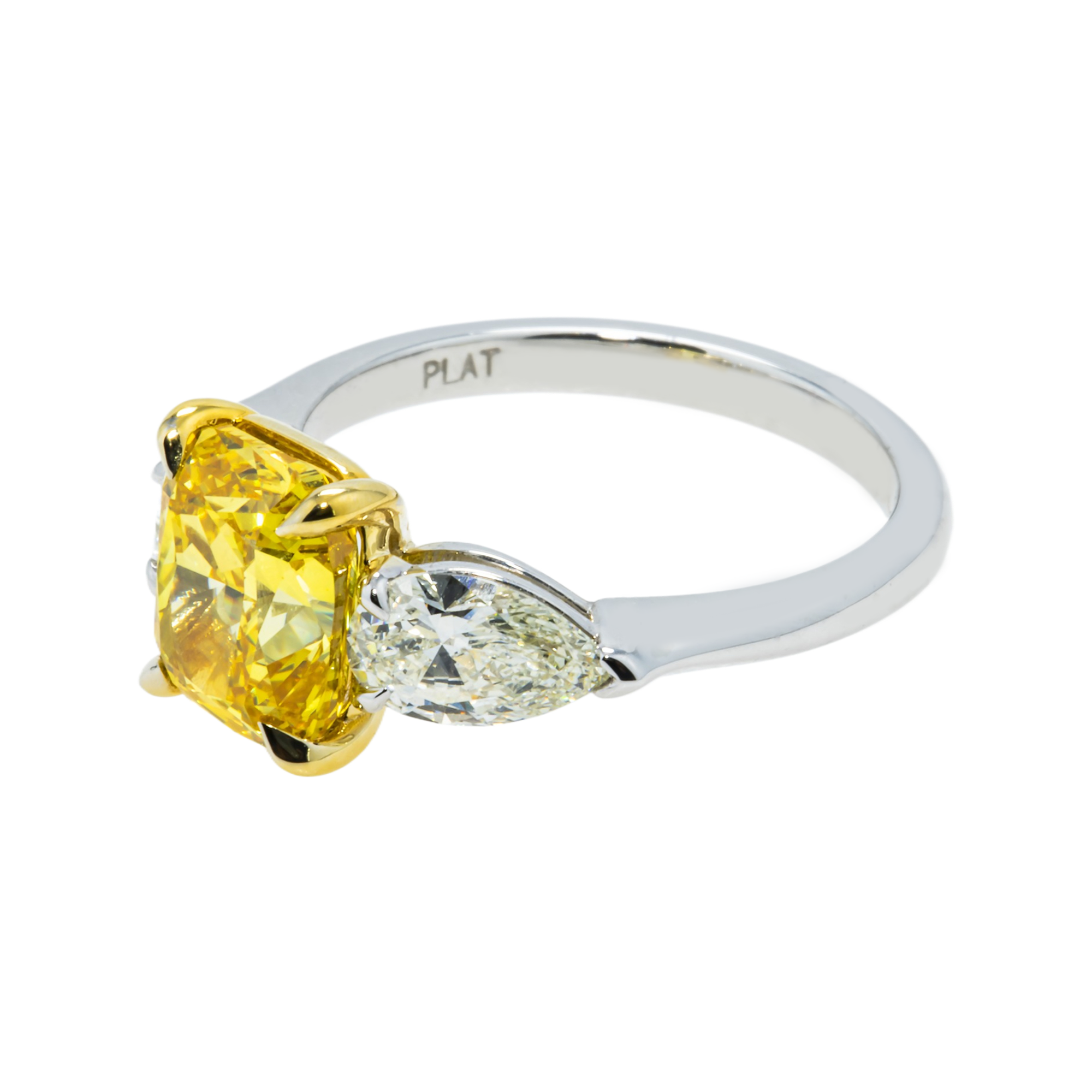 Gia Platinum 2.74Ct Fancy Vivid Yellow Cushion Triple Diamond Engagement Ring 3.74Ctw Bridal