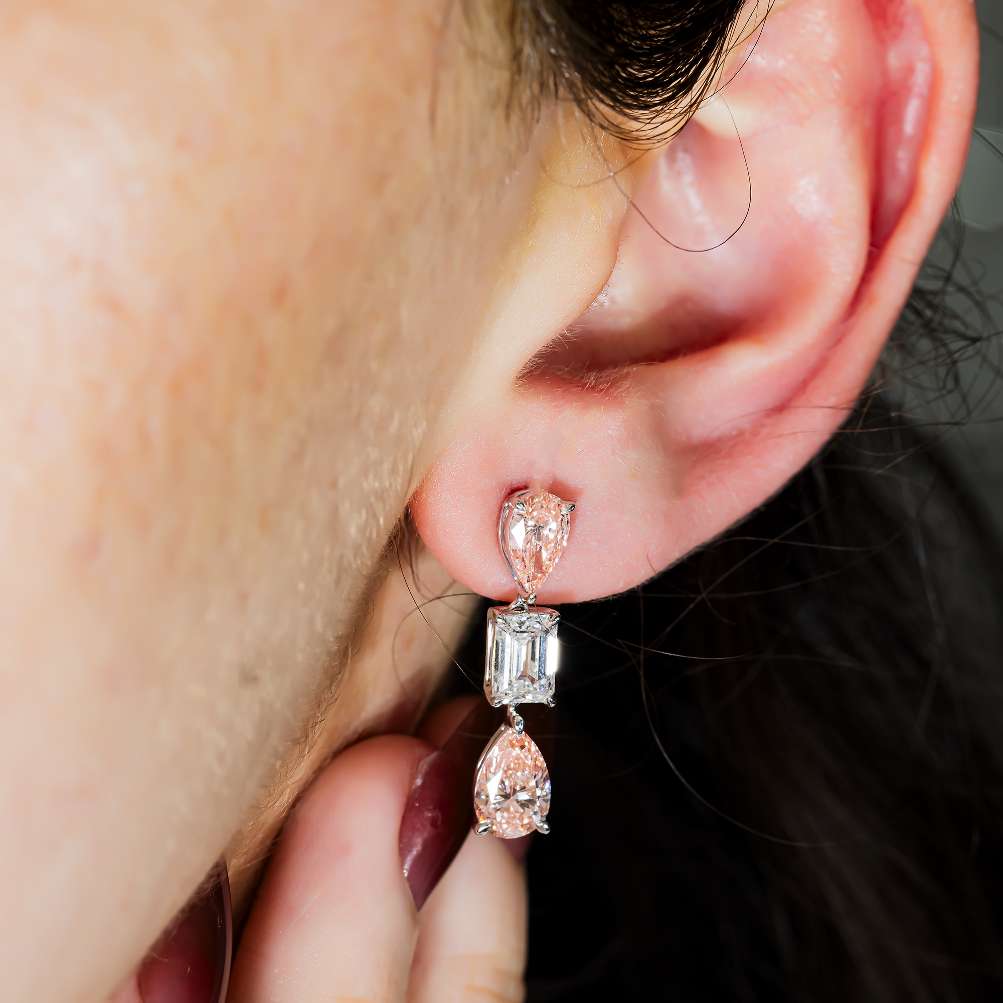 14K White Gold Three Tier Fancy Pink & White Diamond Drop Earrings 4.78ctw