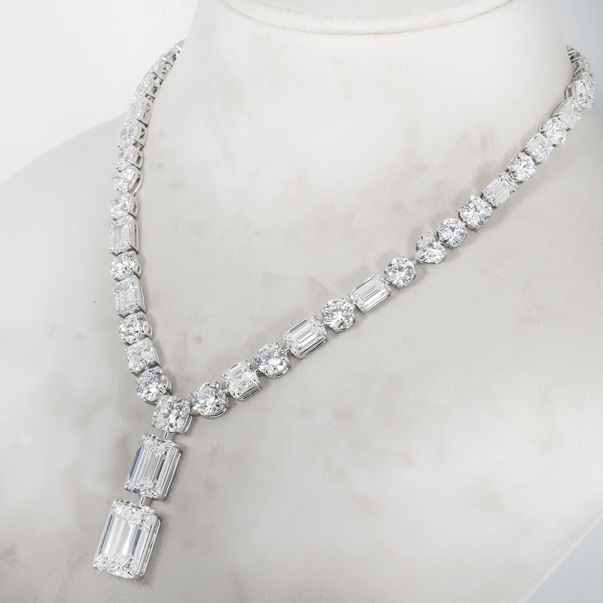 18K White Gold Round & Emerald Cut Diamond Necklace 97.90Ct Necklace