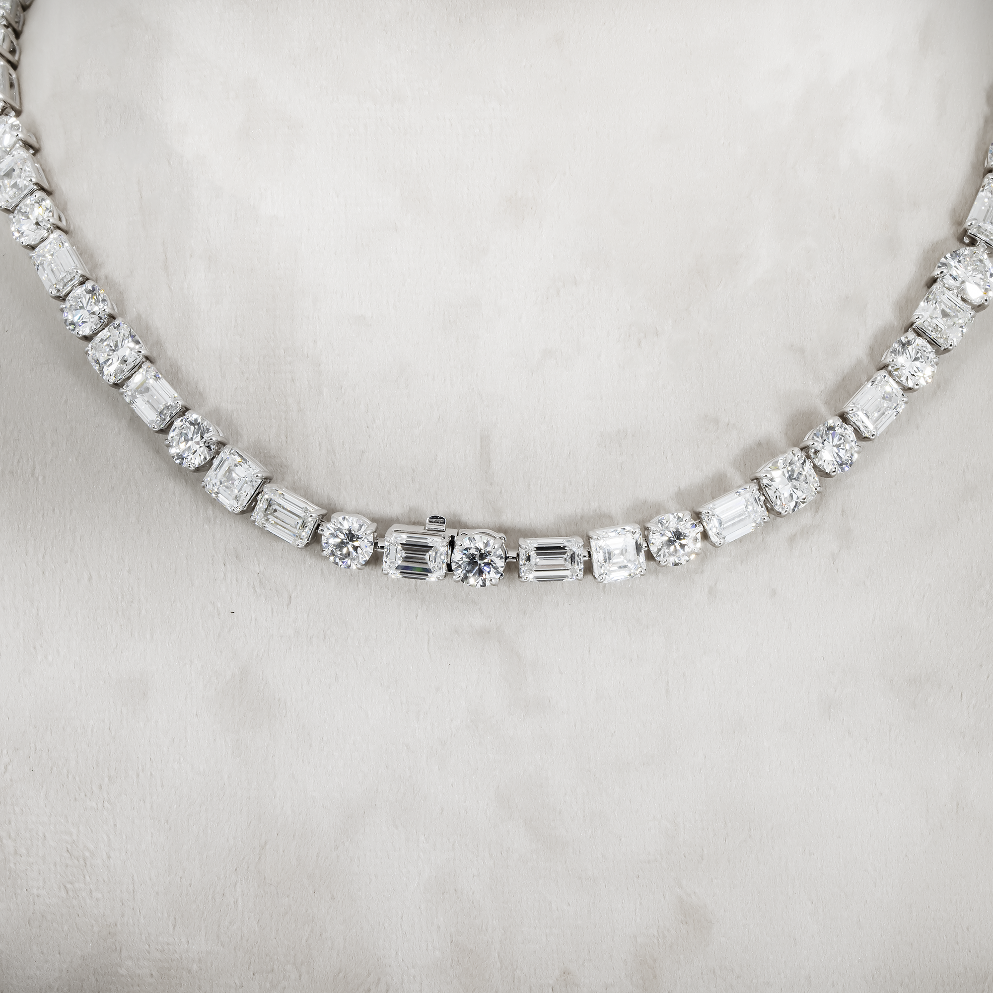 18K White Gold Round & Emerald Cut Diamond Necklace 97.90Ct Necklace