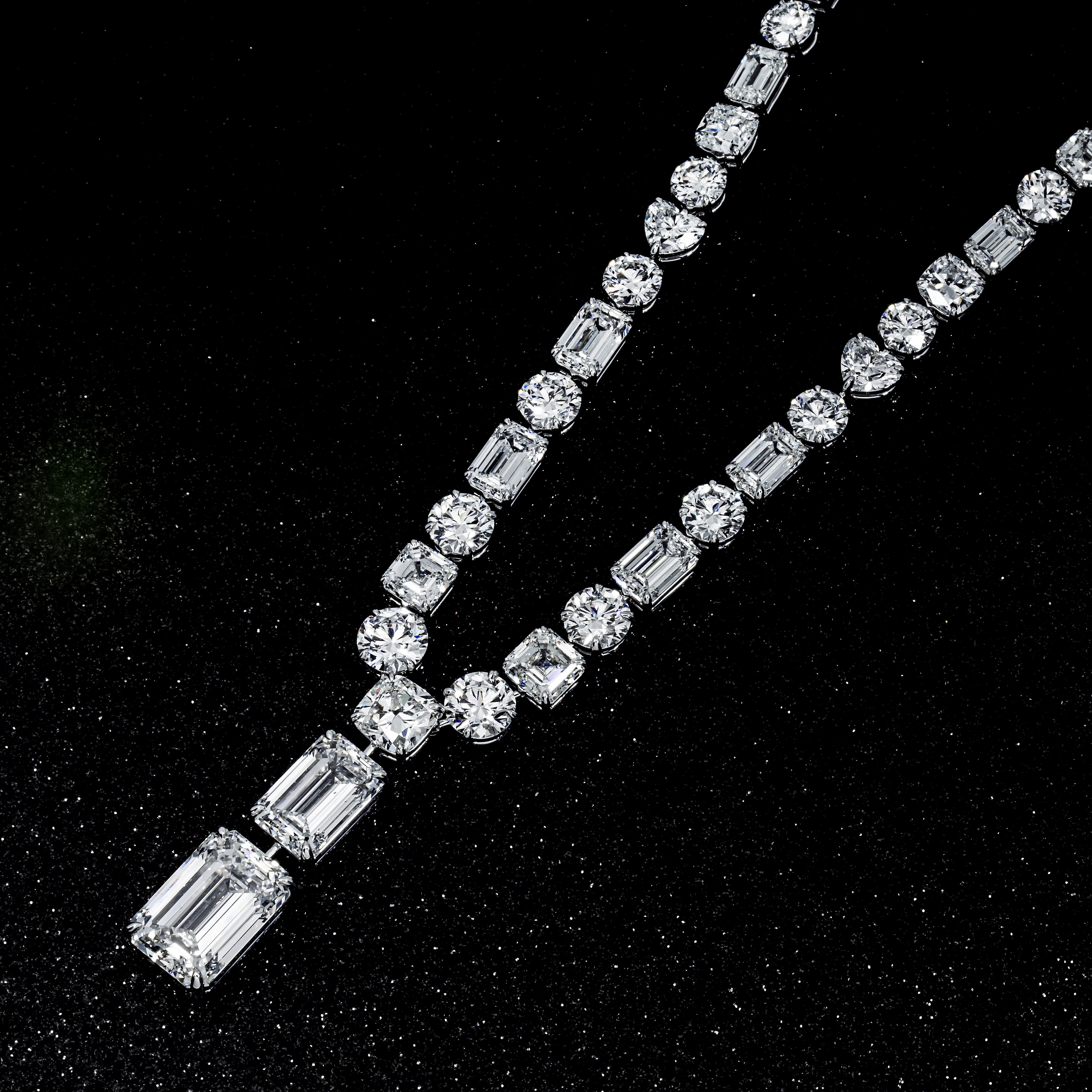 18K White Gold Round & Emerald Cut Diamond Necklace 97.90Ct Necklace