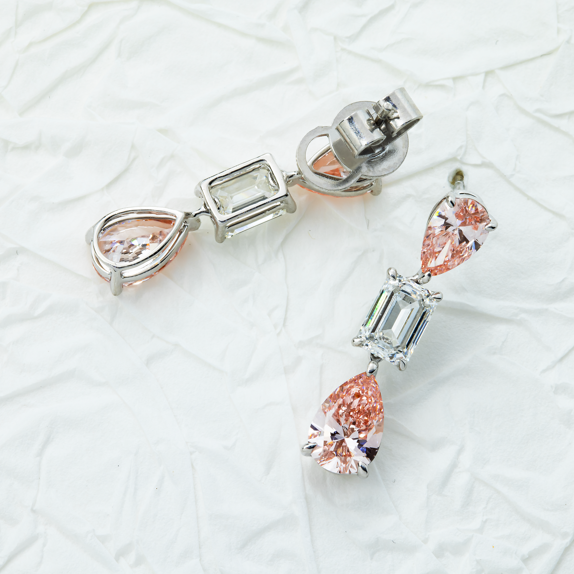 14K White Gold Three Tier Fancy Pink & White Diamond Drop Earrings 4.78ctw