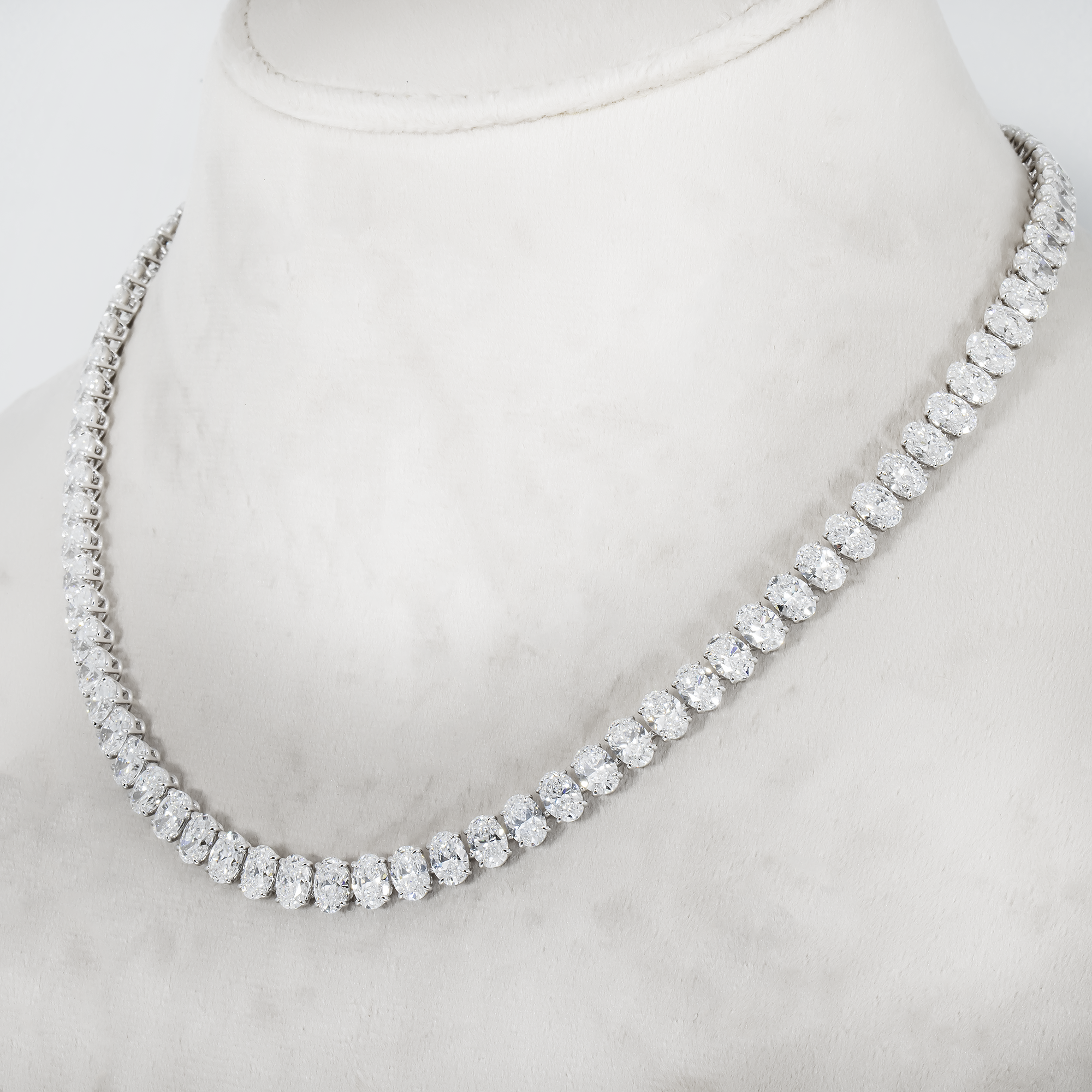 18K White Gold Full Oval Cut Diamond Tennis Chain 44.96Ct Necklace