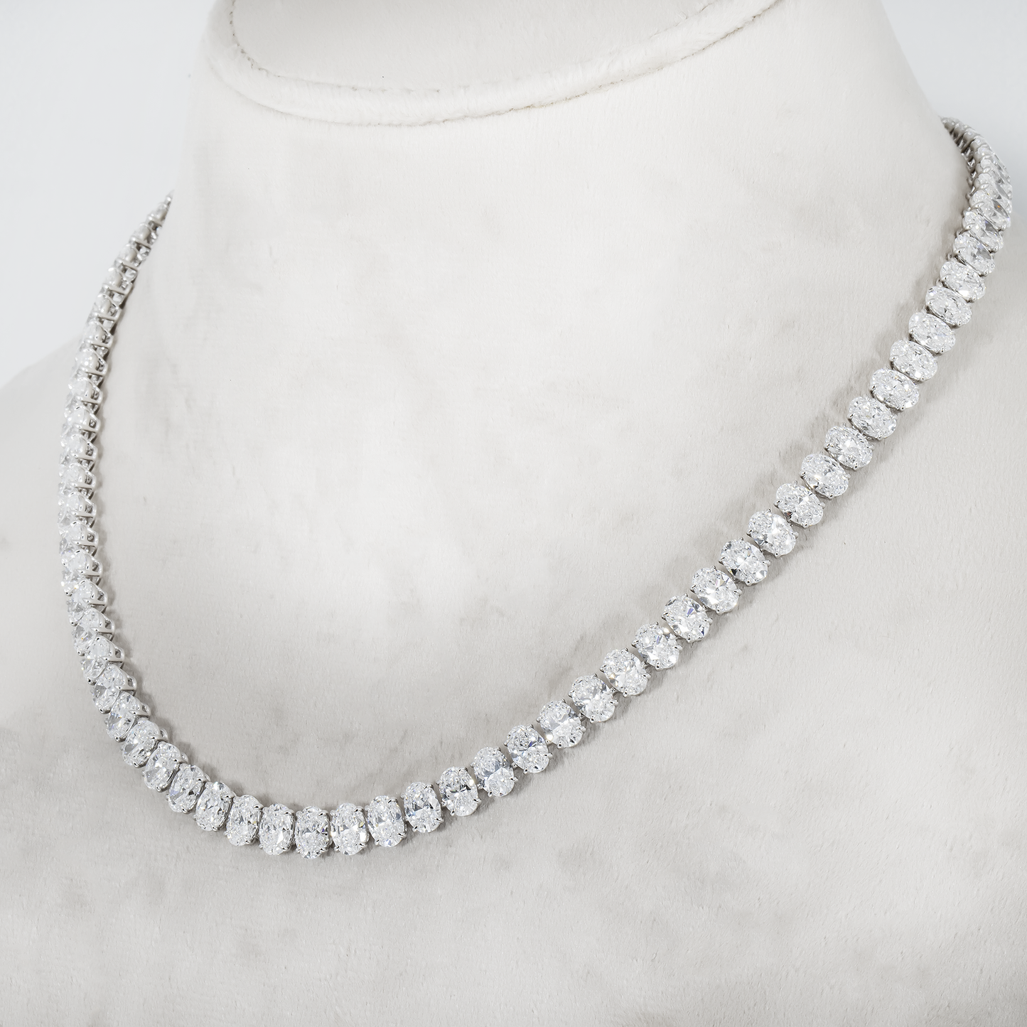 18K White Gold Full Oval Cut Diamond Tennis Chain 44.96ct