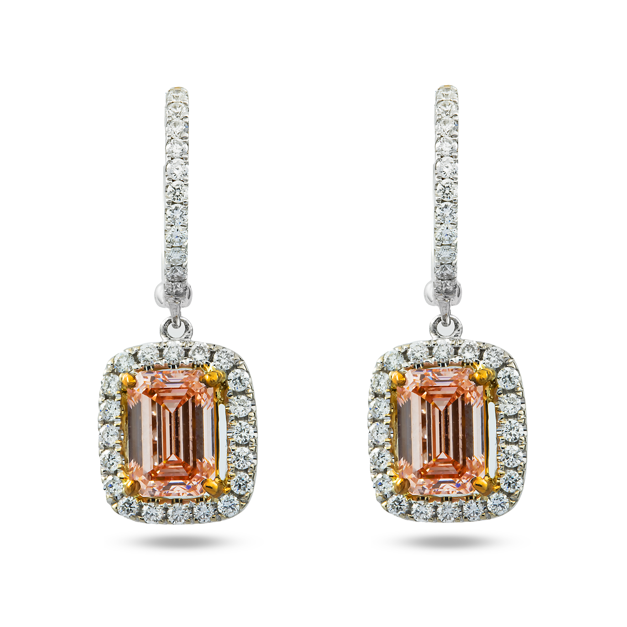 18K White Gold Emerald Cut Fancy Pink Diamond Drop Earrings 1.48ctw