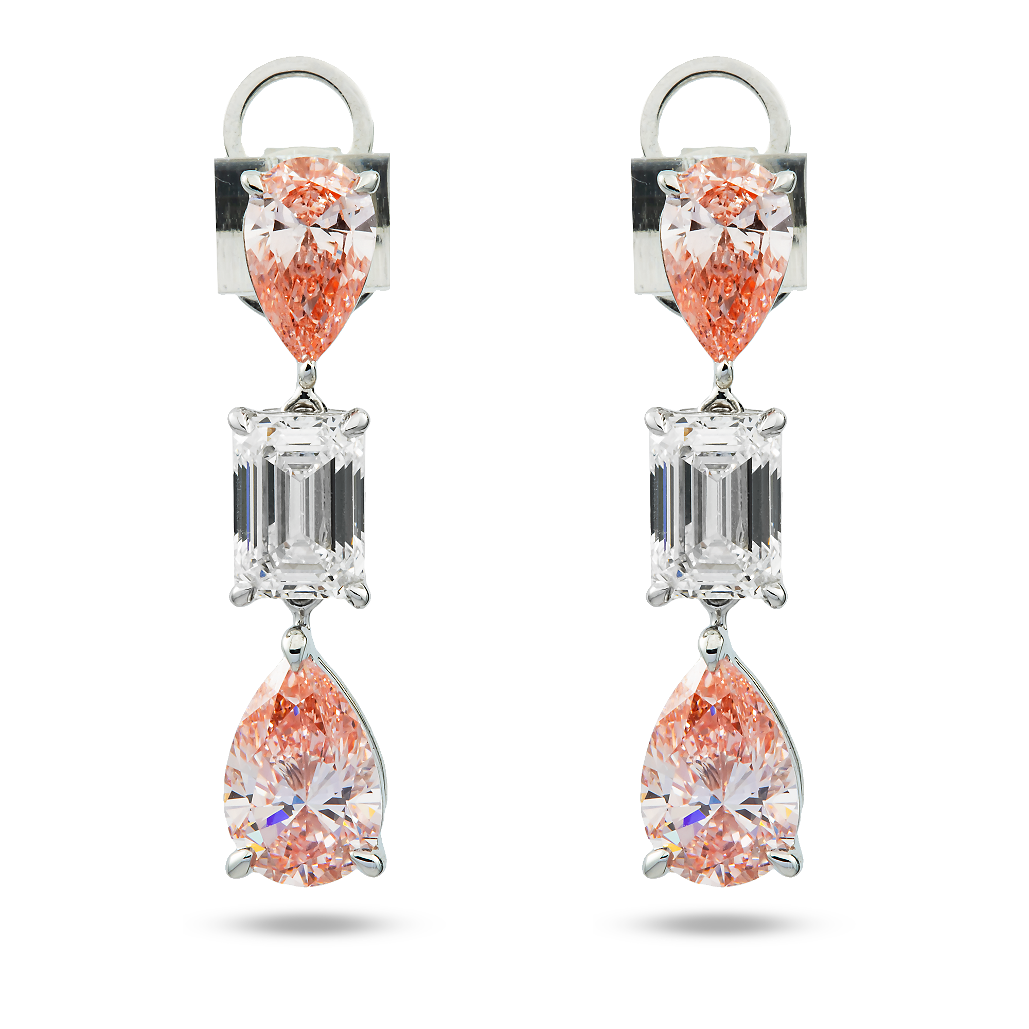 14K White Gold Three Tier Fancy Pink & White Diamond Drop Earrings 4.78ctw