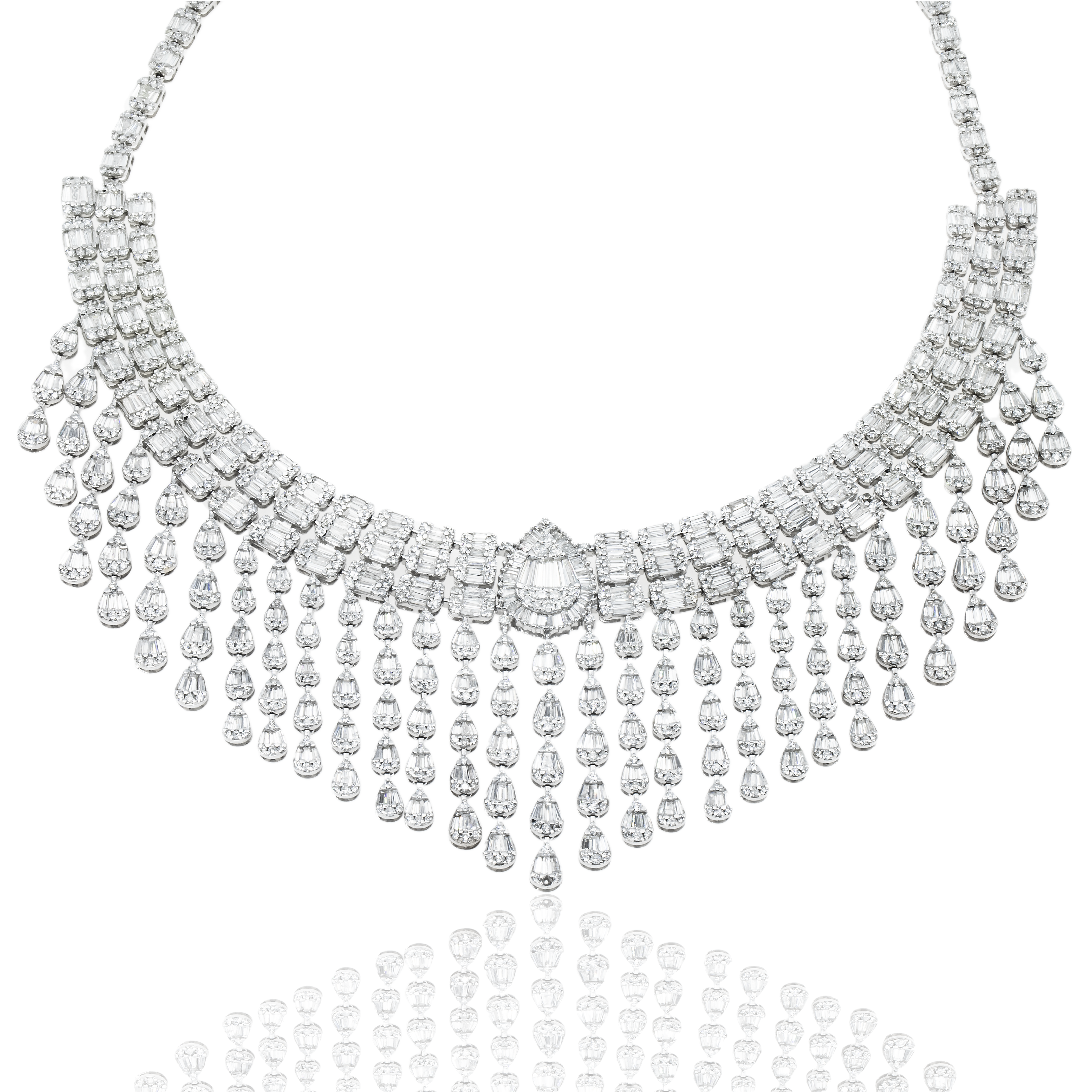 14K White Gold Pear Drop Diamond Chandelier Necklace 43.82Ct Necklace
