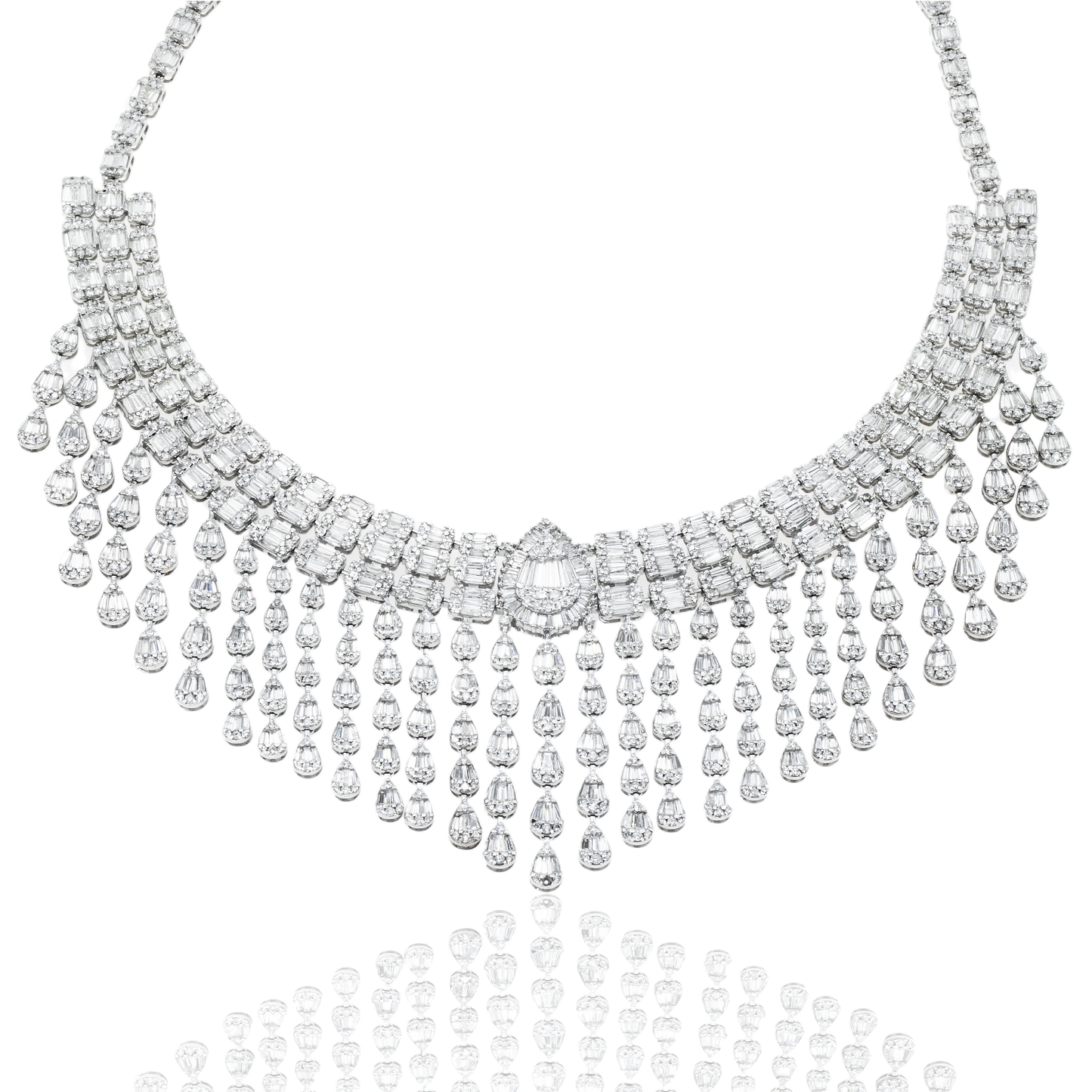 14K White Gold Pear Drop Diamond Chandelier Necklace 43.82ct