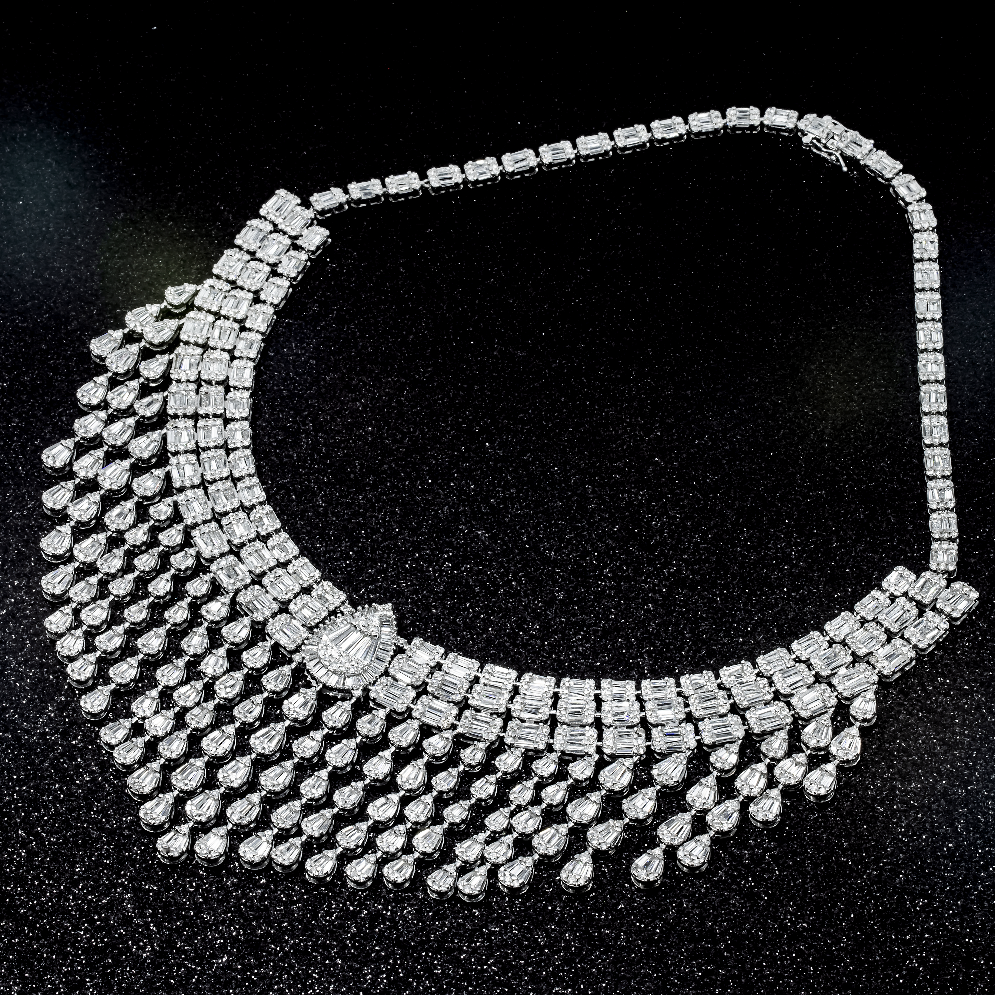 14K White Gold Pear Drop Diamond Chandelier Necklace 43.82Ct Necklace