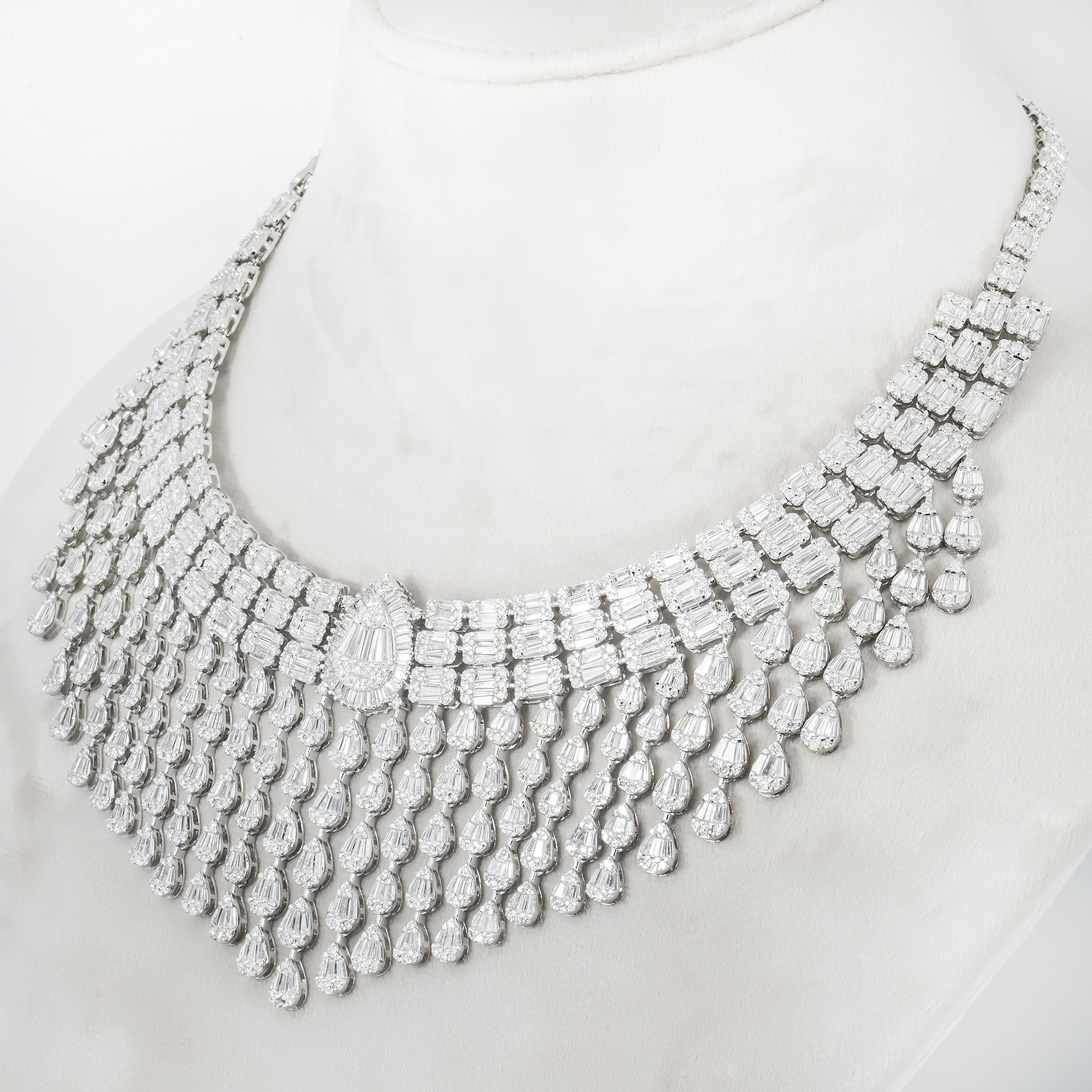 14K White Gold Pear Drop Diamond Chandelier Necklace 43.82Ct Necklace