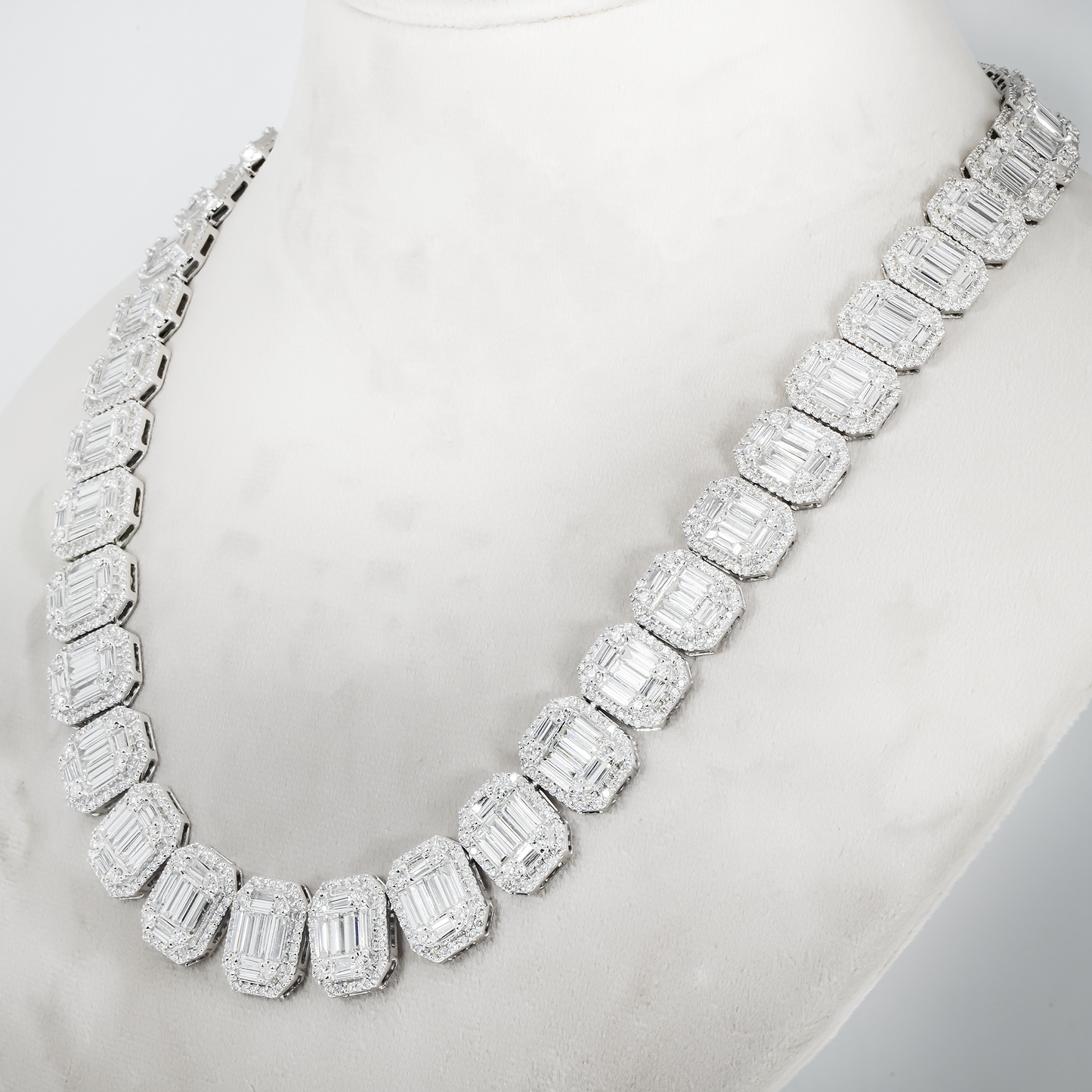 14K White Gold Graduated Baguette Diamond Chain 53.09ct