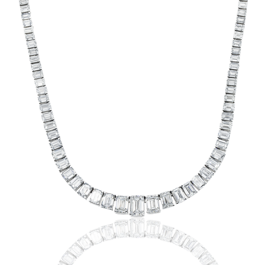 14K White Gold Graduated Emerald Cut Diamond Chain 58.64ct