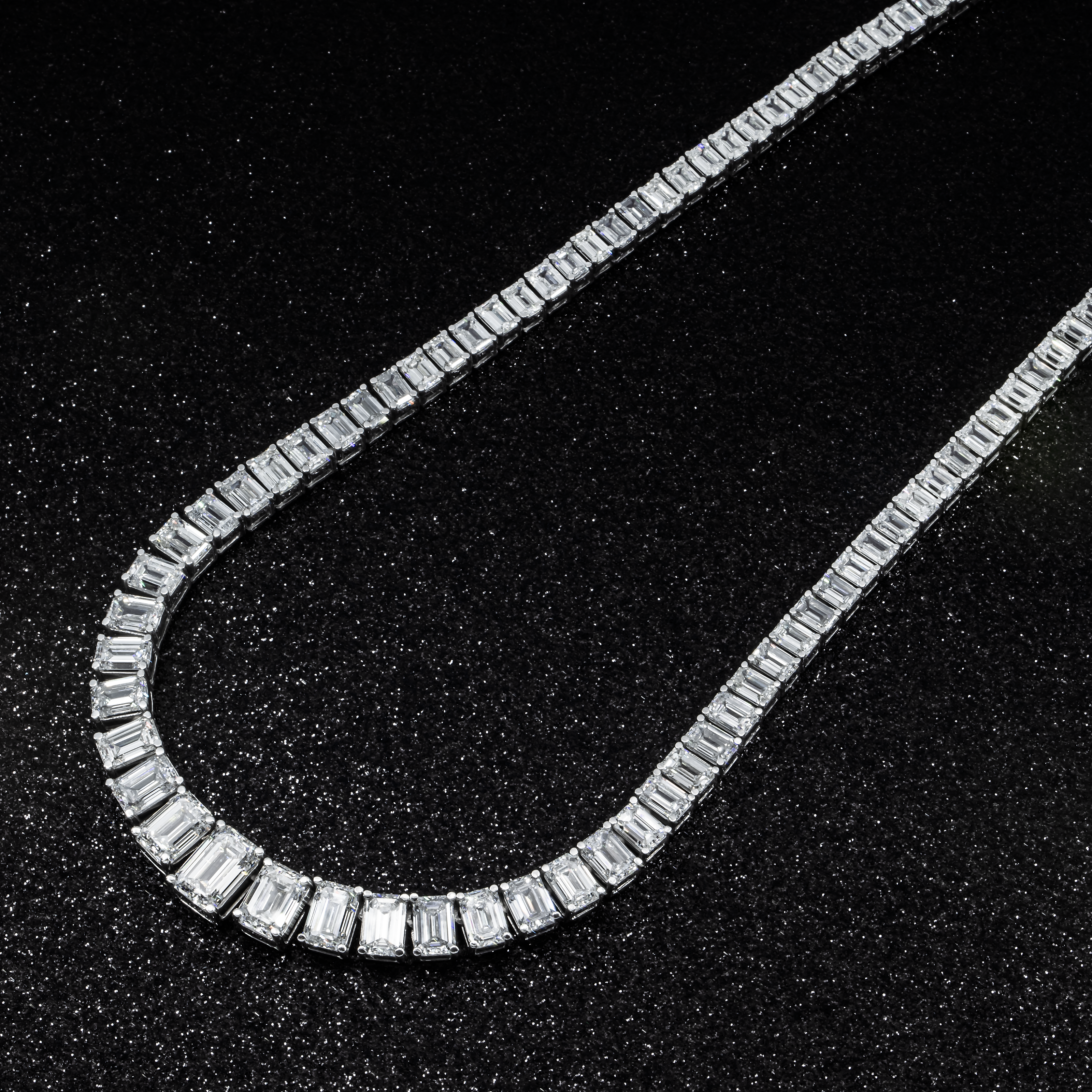 14K White Gold Graduated Emerald Cut Diamond Chain 58.64Ct Chains