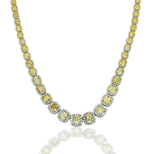 18K White Gold Graduated Cushion Cut Fancy Yellow Diamond Chain 74.25Ct Necklace