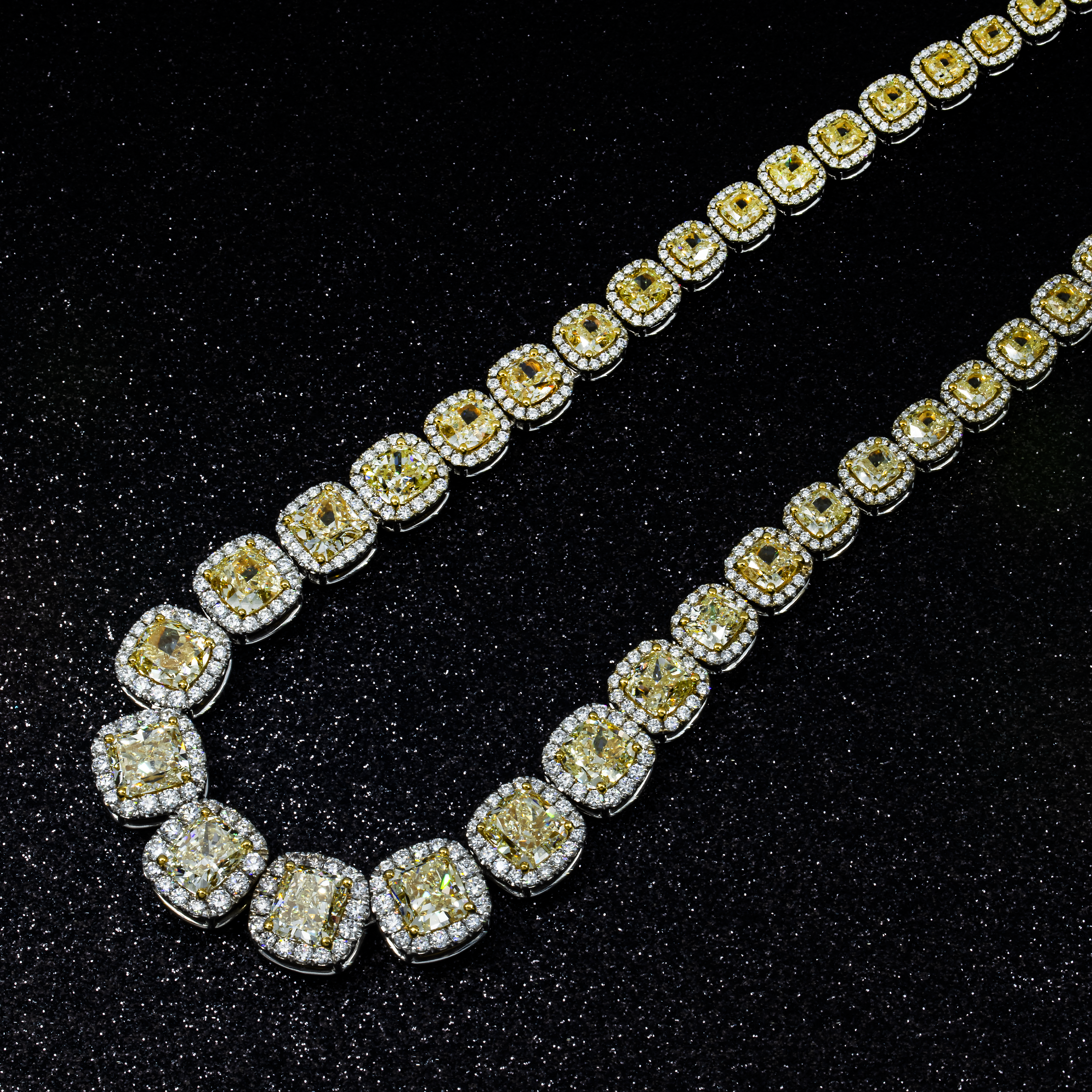 18K White Gold Graduated Cushion Cut Fancy Yellow Diamond Chain 74.25Ct Necklace
