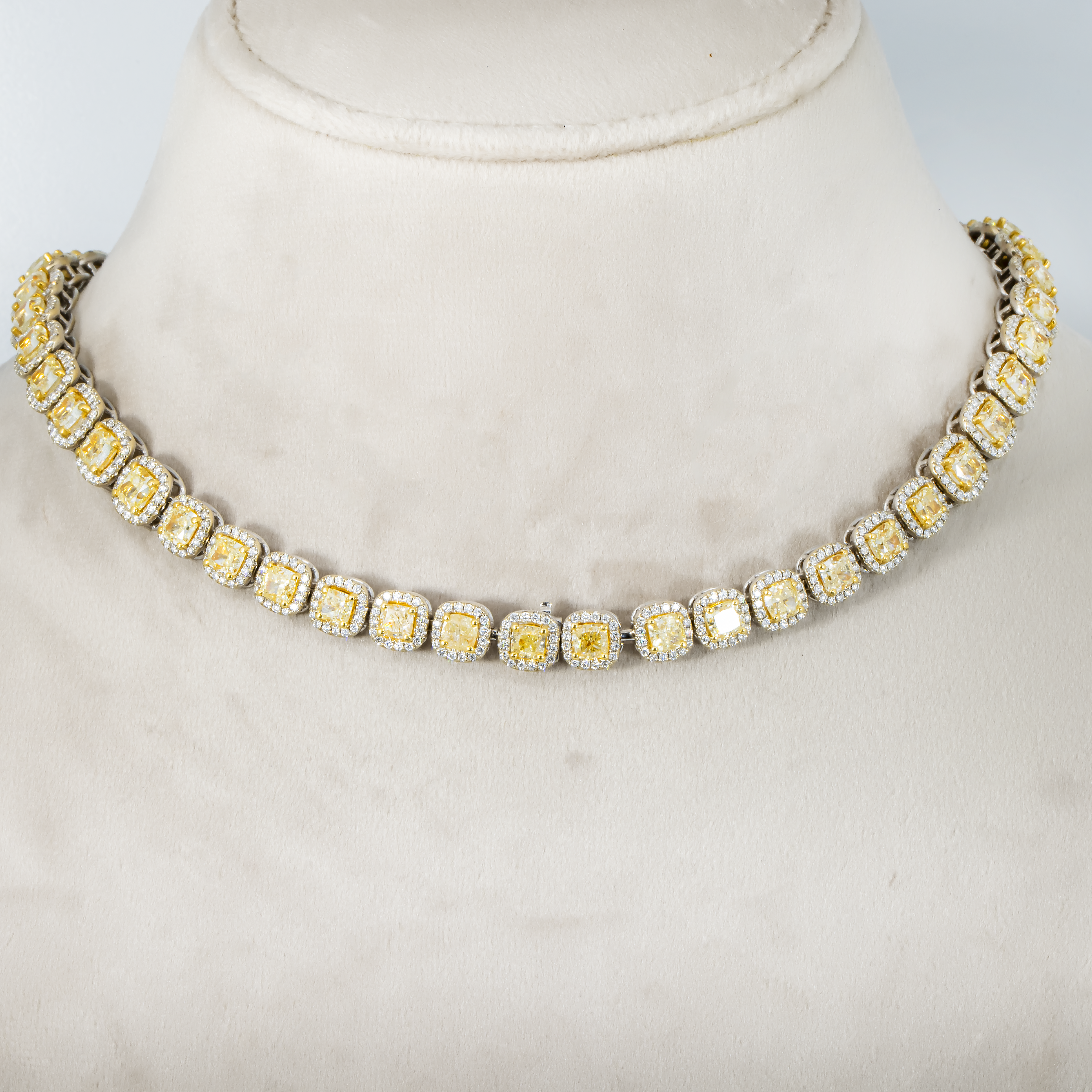 18K White Gold Graduated Cushion Cut Fancy Yellow Diamond Chain 74.25Ct Necklace