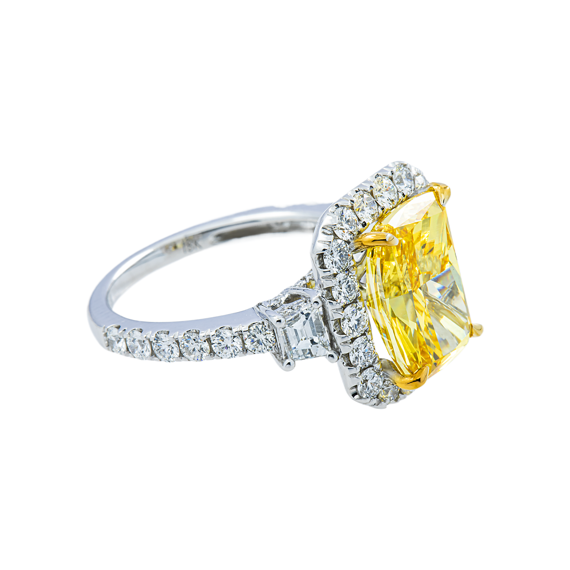 18K White Gold 4.23ct Radiant Fancy Yellow Diamond Ring 5.98ctw