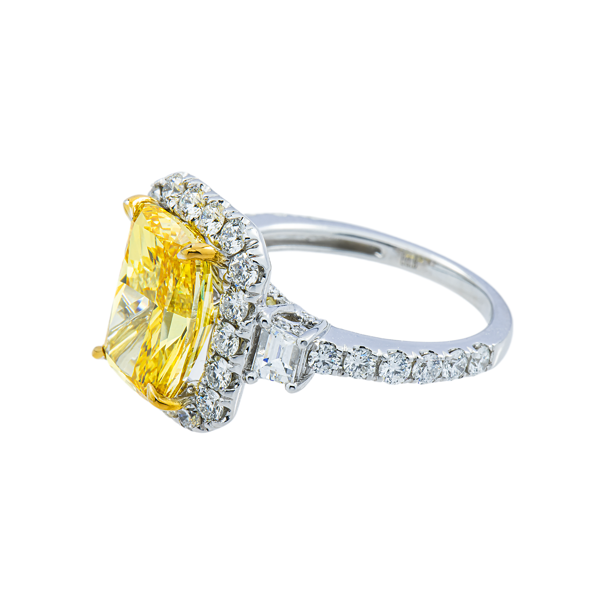 18K White Gold 4.23ct Radiant Fancy Yellow Diamond Ring 5.98ctw