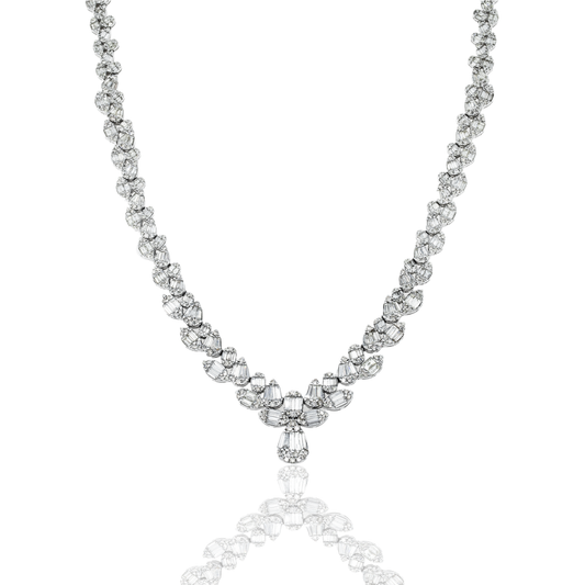 14K White Gold V-Shape Detailed Diamond Necklace 17.07Ct Necklace