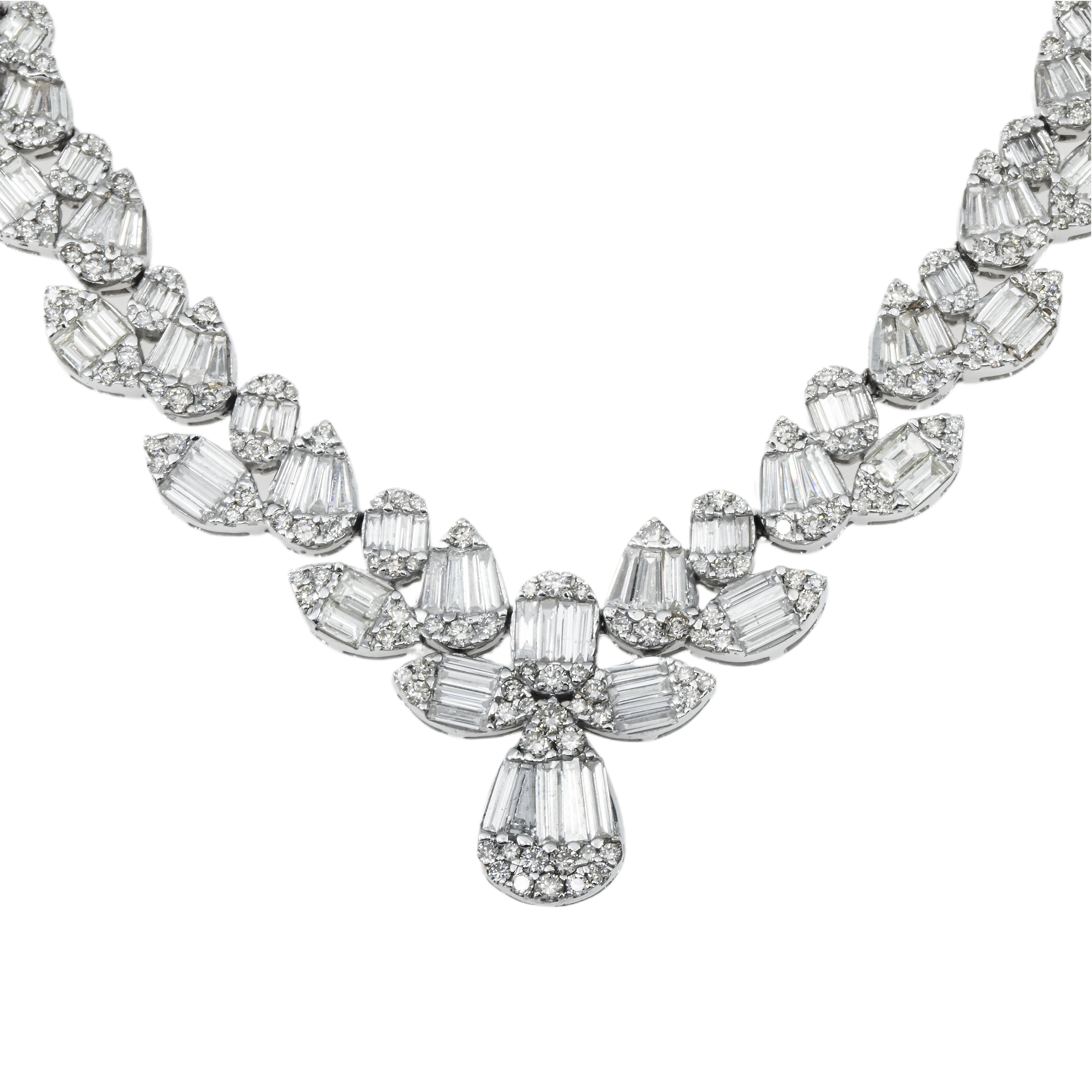 14K White Gold V-Shape Detailed Diamond Necklace 17.07Ct Necklace