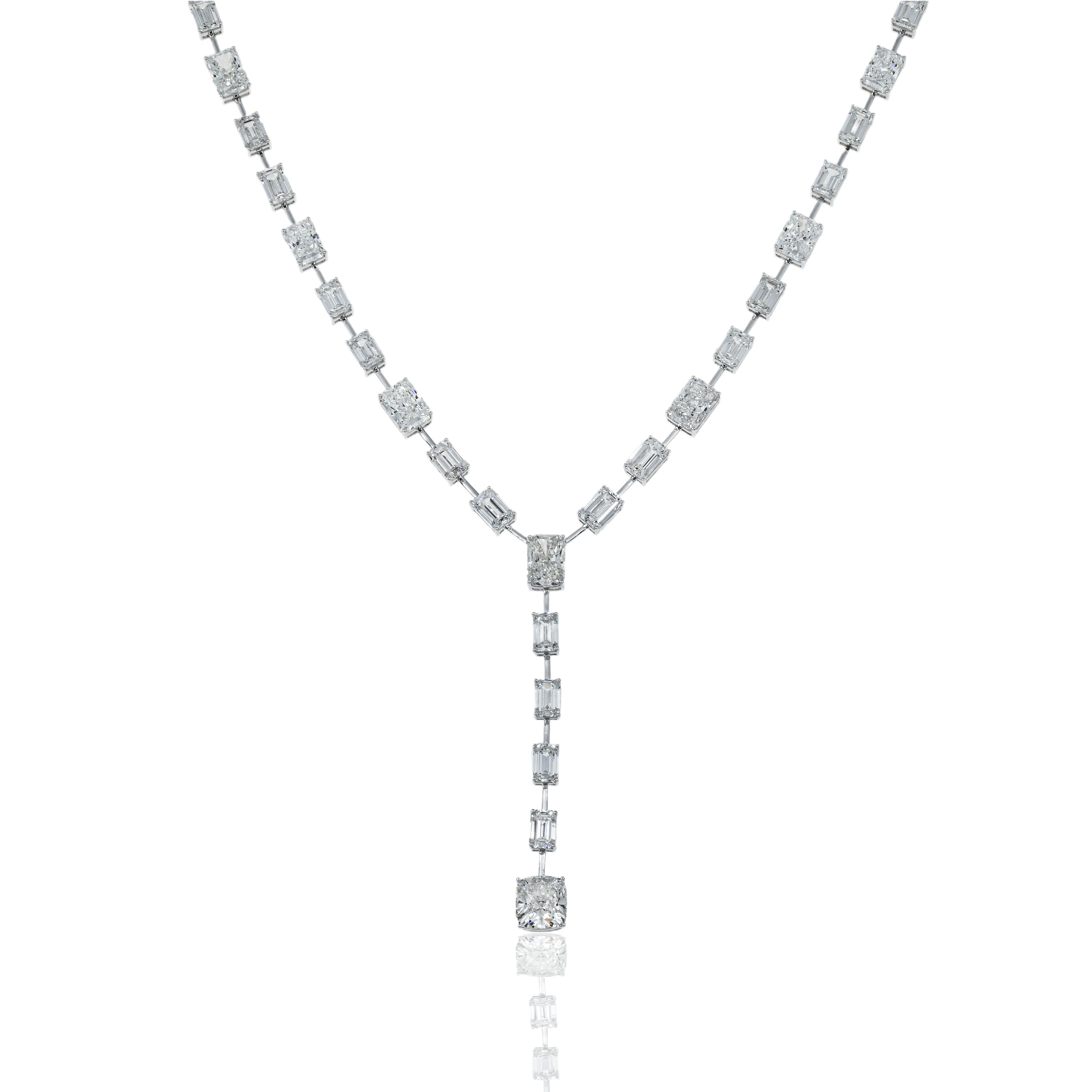 18K White Gold Radiant & Emerald Cut Diamond Drop Necklace 41.69Ct Necklace