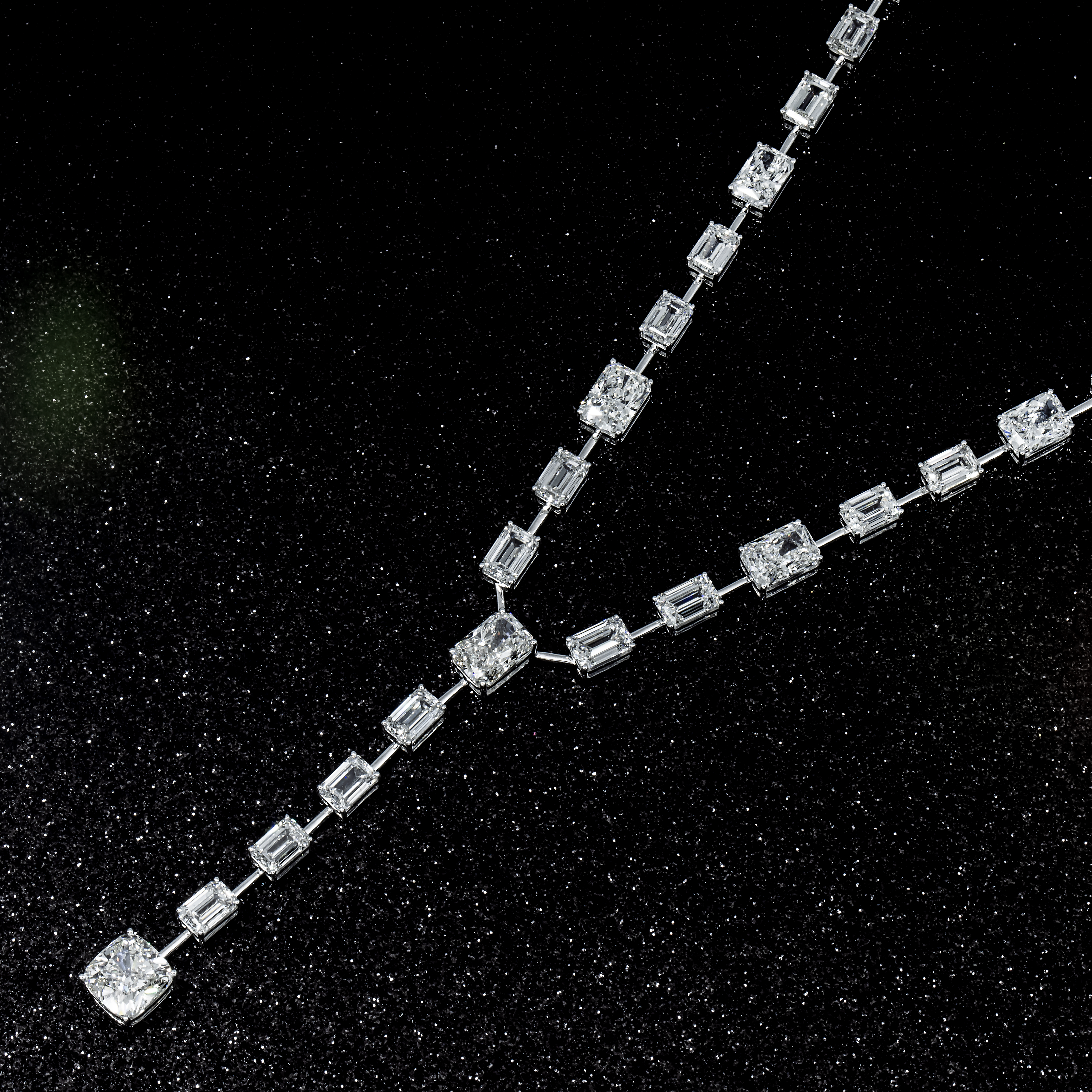 18K White Gold Radiant & Emerald Cut Diamond Drop Necklace 41.69Ct Necklace