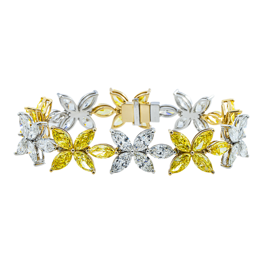 14K Two Tone Marquise Fancy Yellow Diamond Flower Bracelet 31.12ct