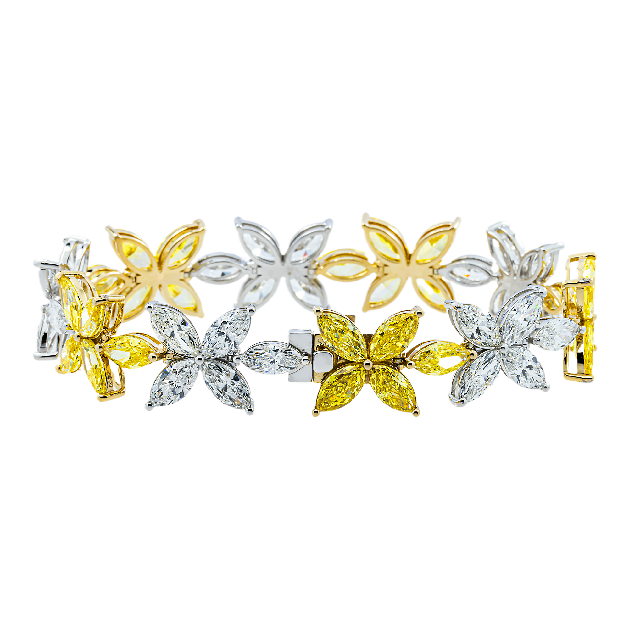 14K Two Tone Marquise Fancy Yellow Diamond Flower Bracelet 31.12ct