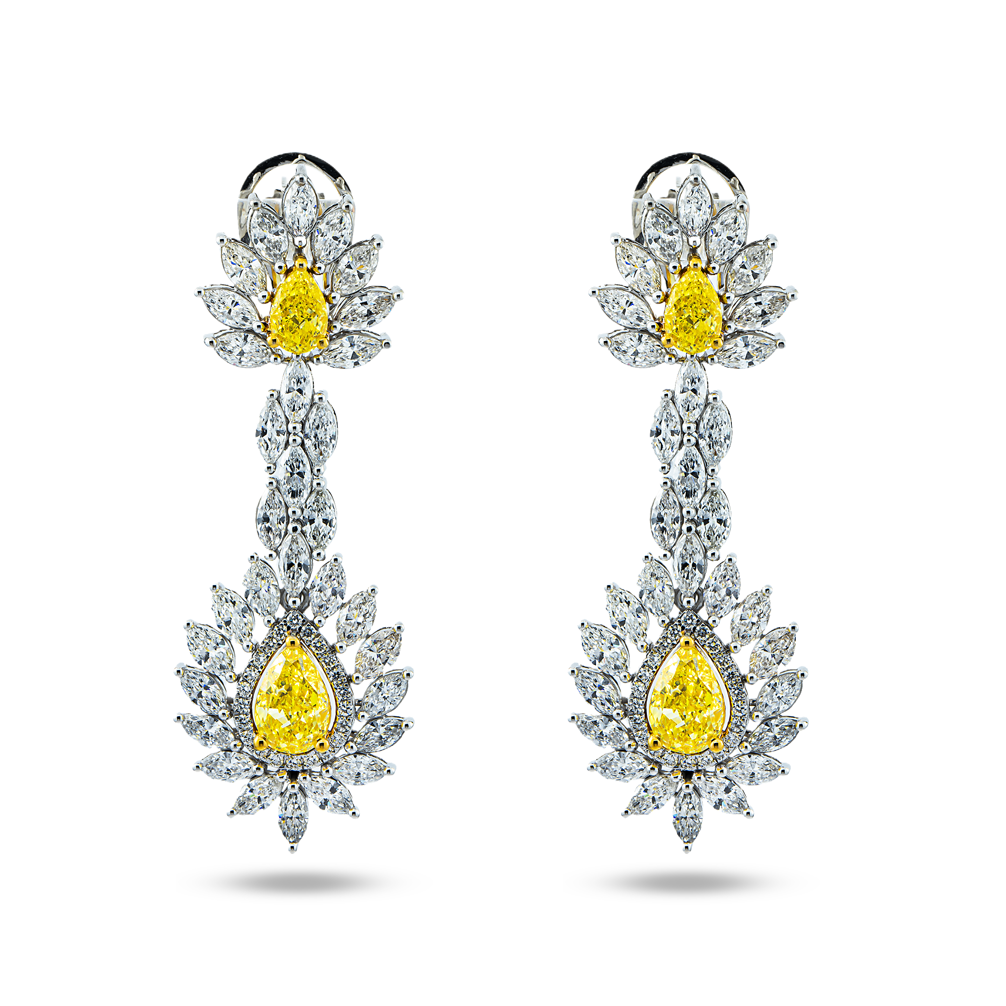14K White Gold Multi Cut Fancy Yellow Drop Earrings 13.64ctw