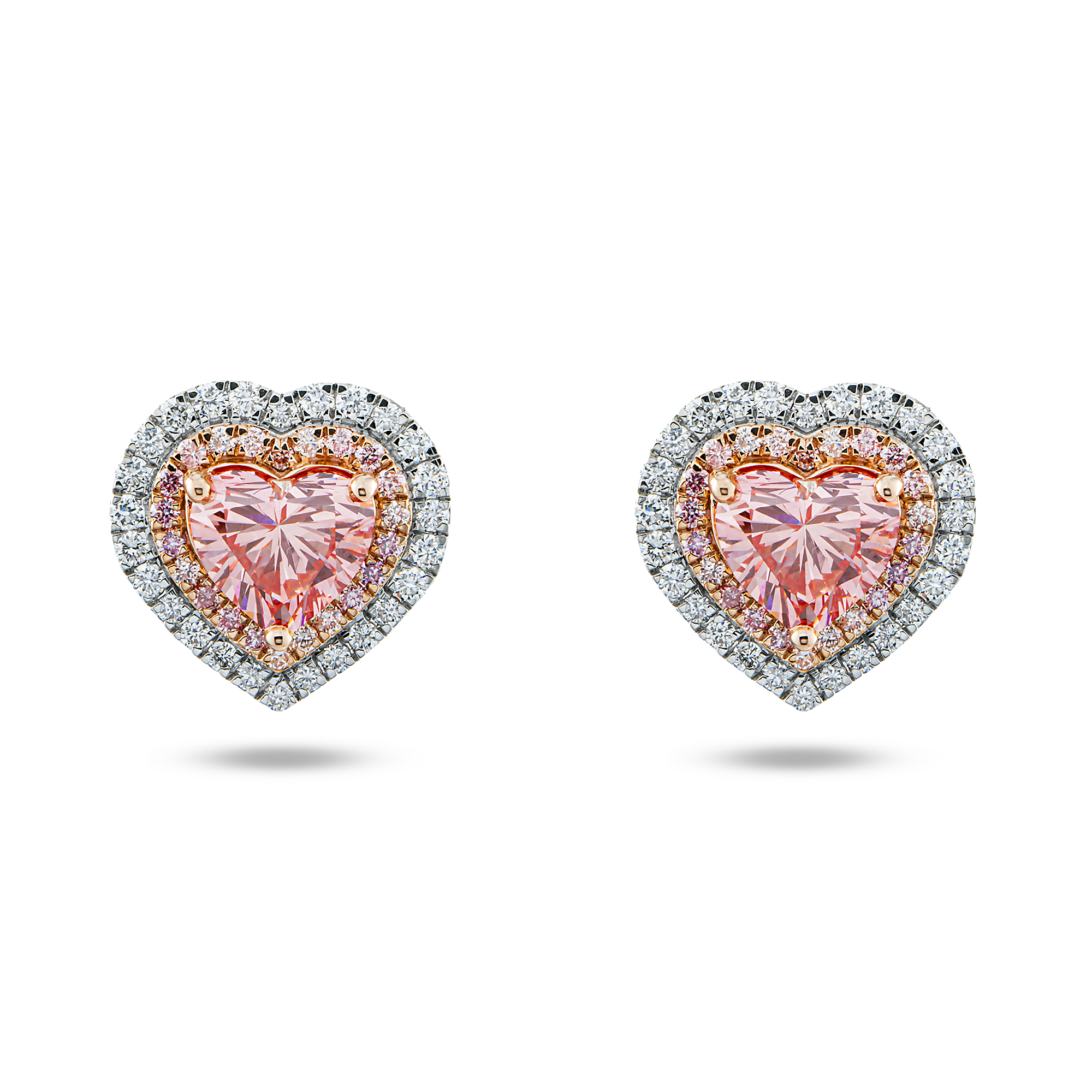 14K Two Tone Fancy Pink Heart Shape Diamond Stud Earrings W/ Halo 2.97ctw