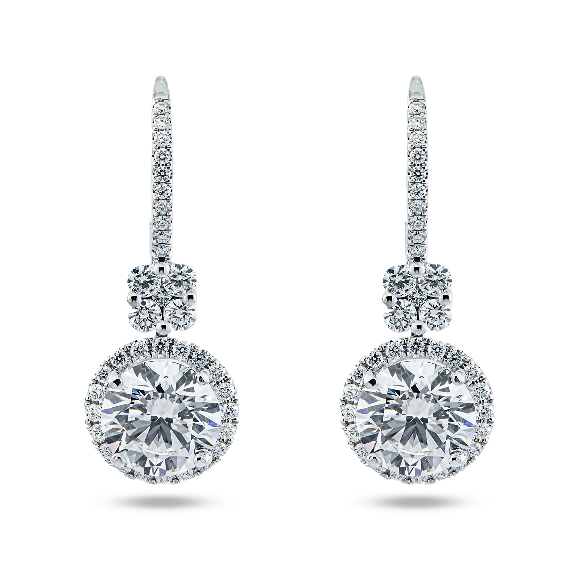 IGI 18K White Gold Round Diamond Drop Earrings w/ Halo 4.92ctw