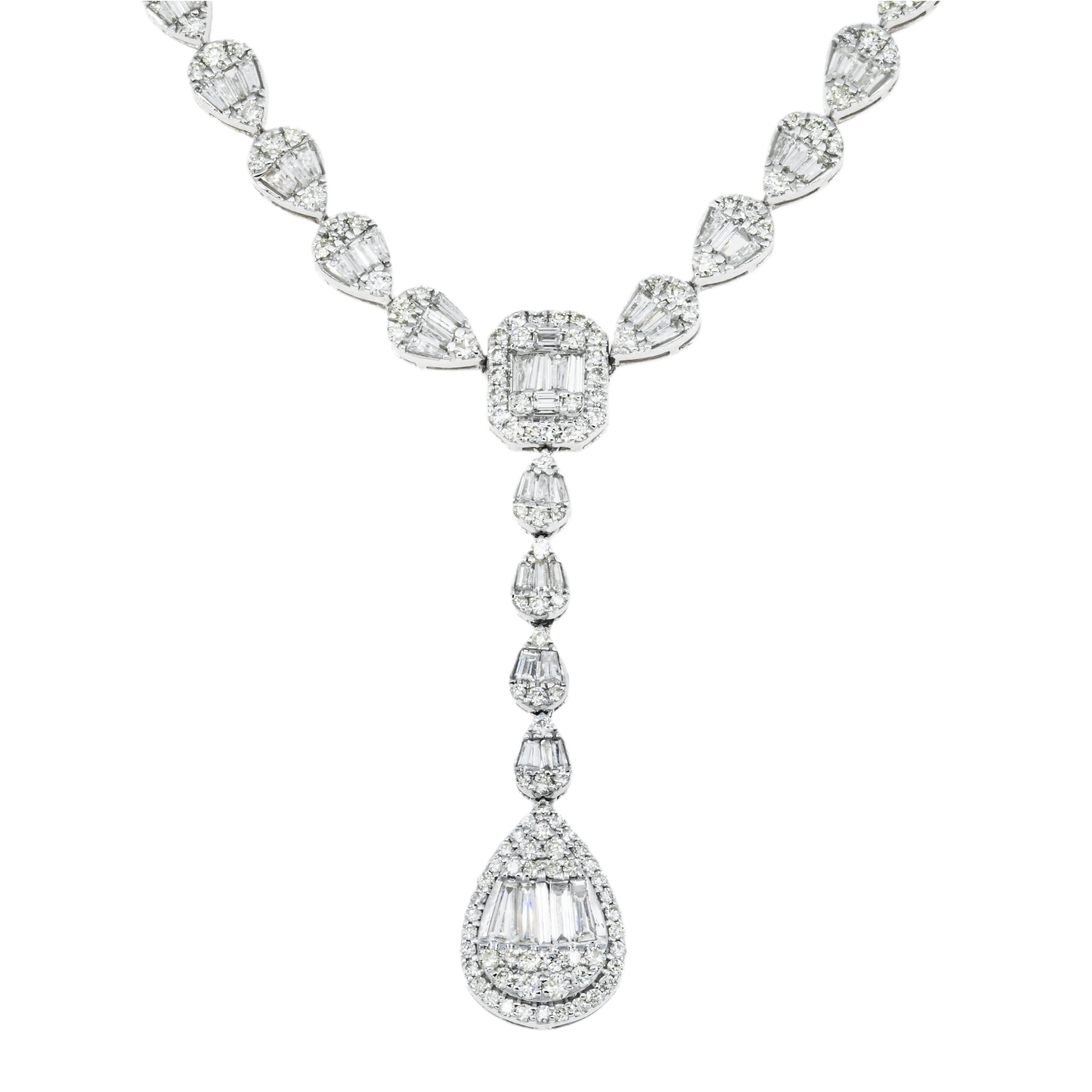 14K White Gold Baguette Diamond Drop Necklace 9.52ct