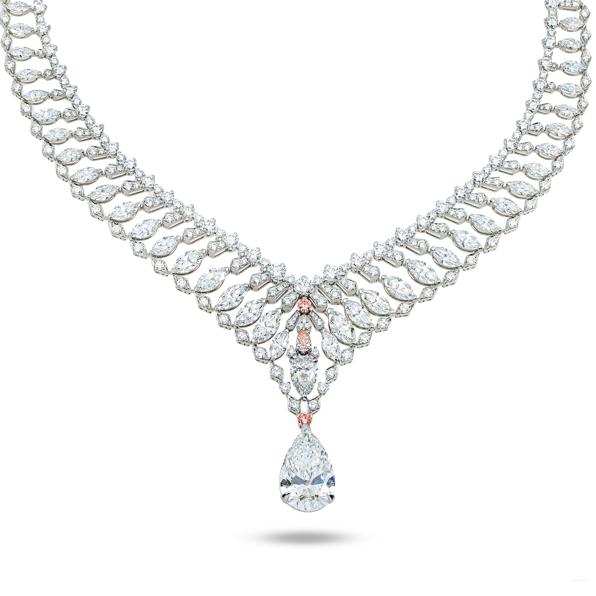 IGI 18K White Gold Fancy Pink & White Multi Cut Diamond Drop Necklace 52.20ct