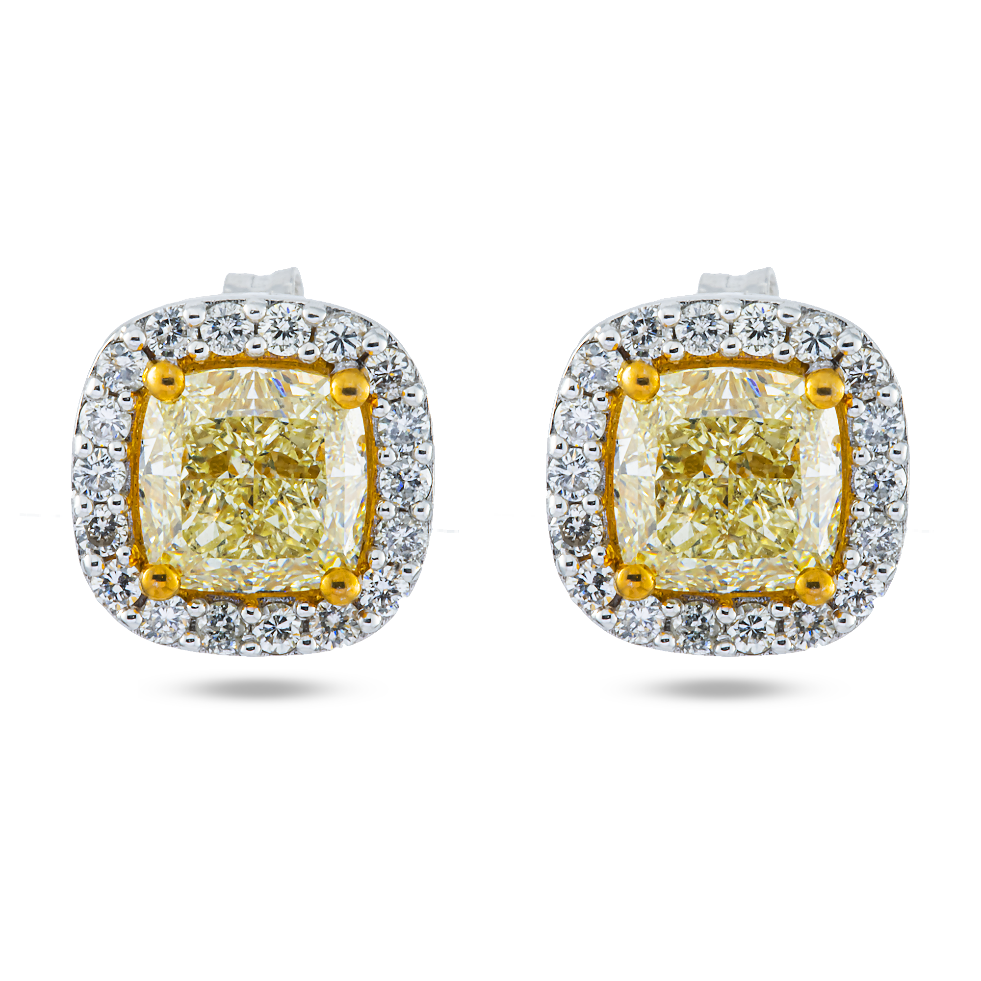 14K Two Tone Cushion Cut Fancy Yellow Diamond Stud Earrings 3.68ctw