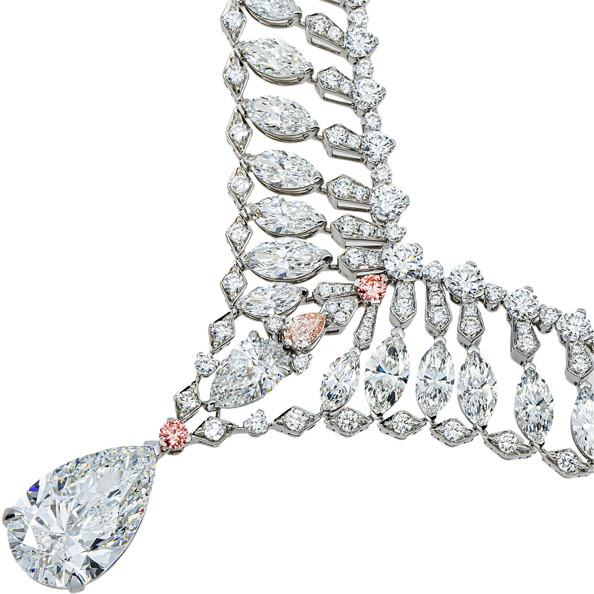 IGI 18K White Gold Fancy Pink & White Multi Cut Diamond Drop Necklace 52.20ct