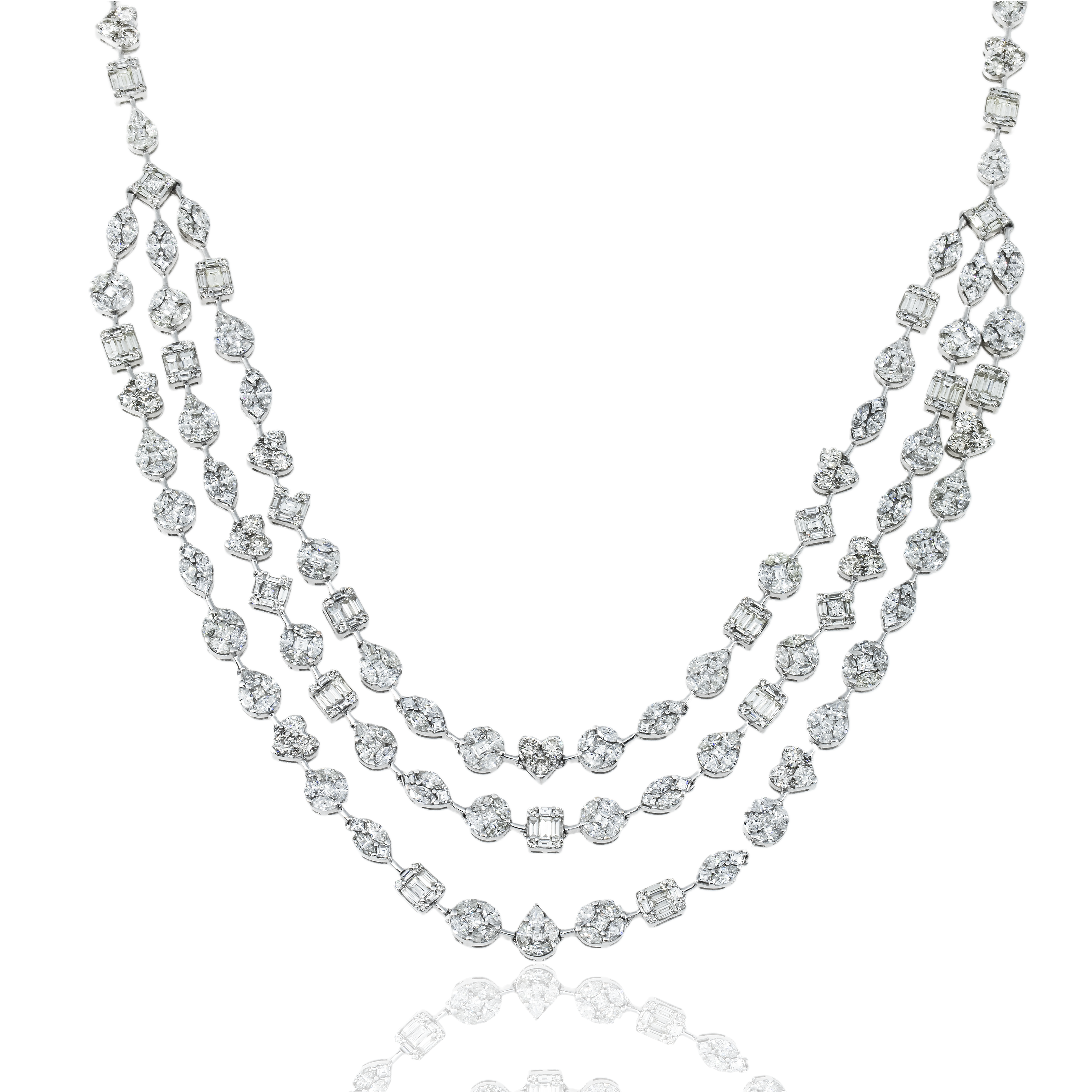 14K White Gold Combination Cut Diamond Triple Row Necklace 29.62Ct Necklace