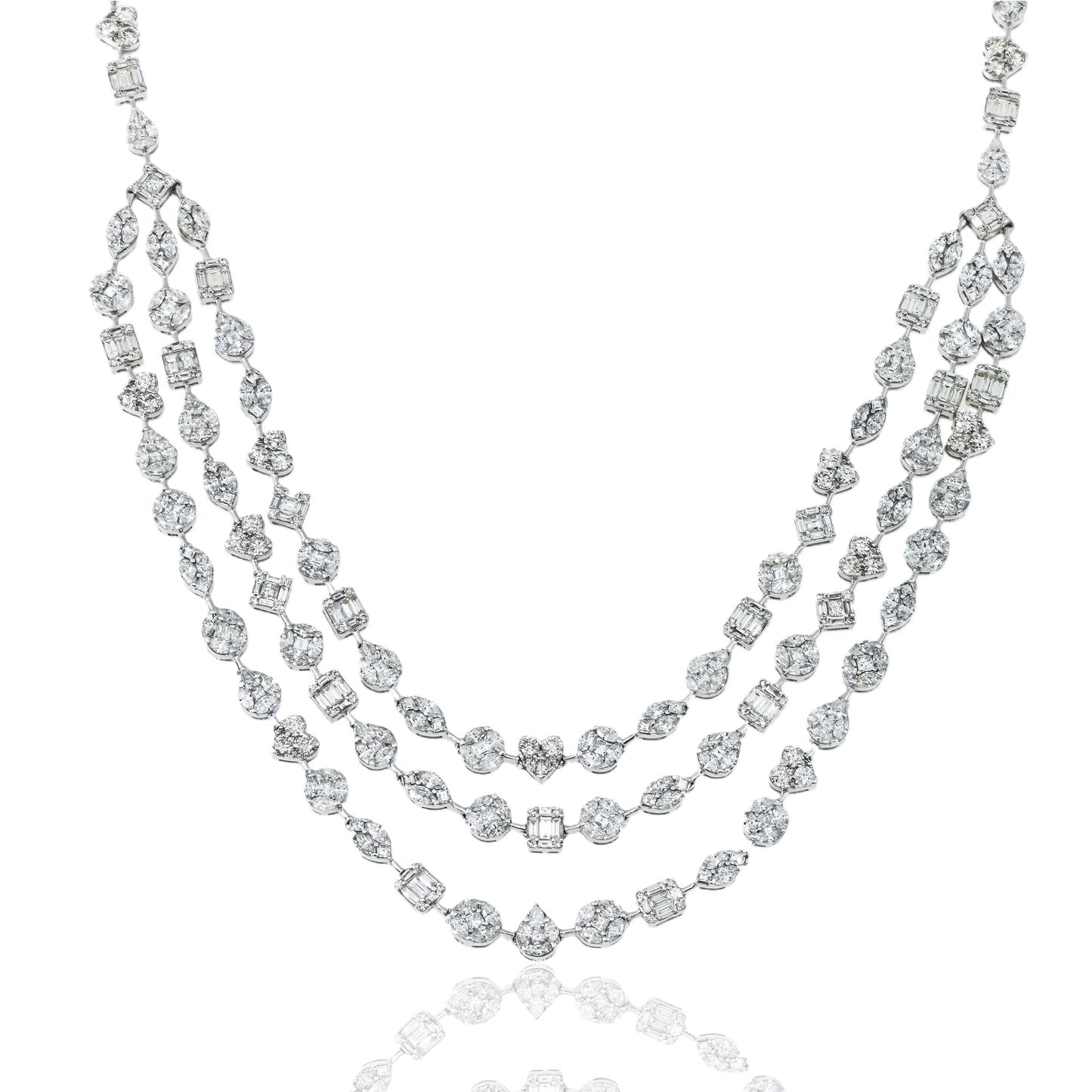 14K White Gold Combination Cut Diamond Triple Row Necklace 29.62ct