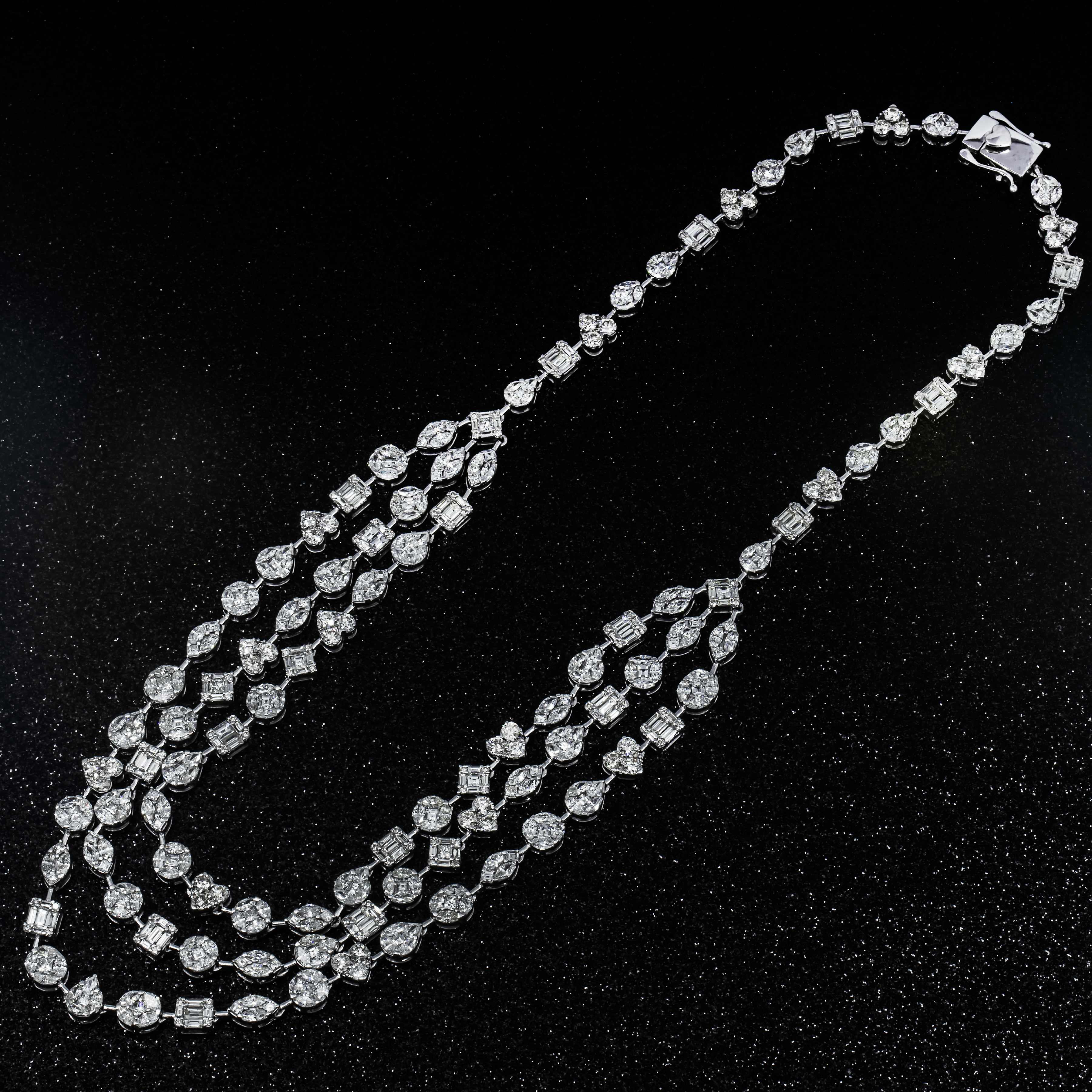 14K White Gold Combination Cut Diamond Triple Row Necklace 29.62Ct Necklace