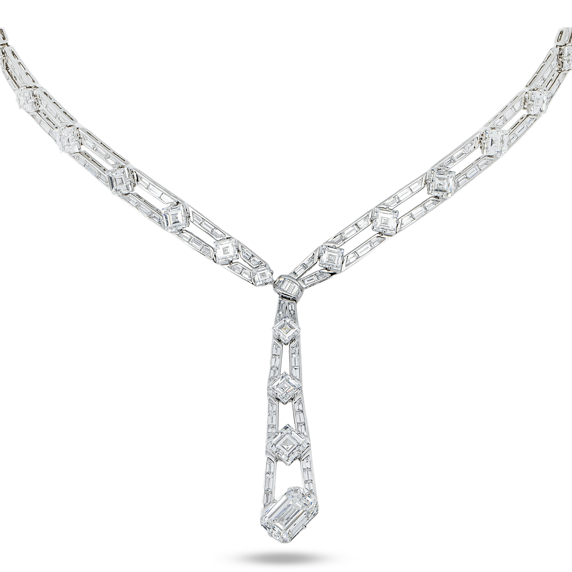 18K White Gold Asscher & Emerald Diamond Drop Necklace 52.25ct