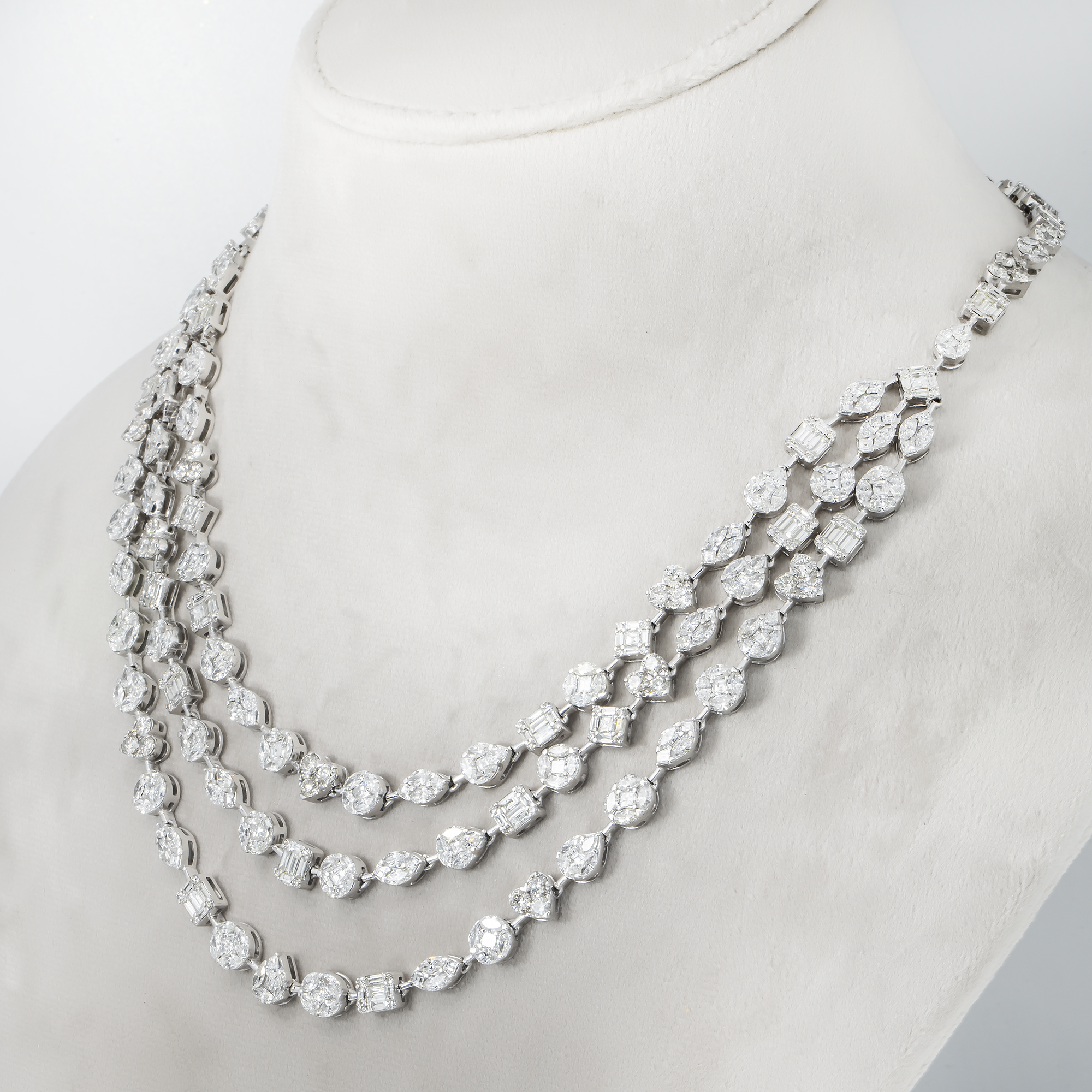 14K White Gold Combination Cut Diamond Triple Row Necklace 29.62Ct Necklace