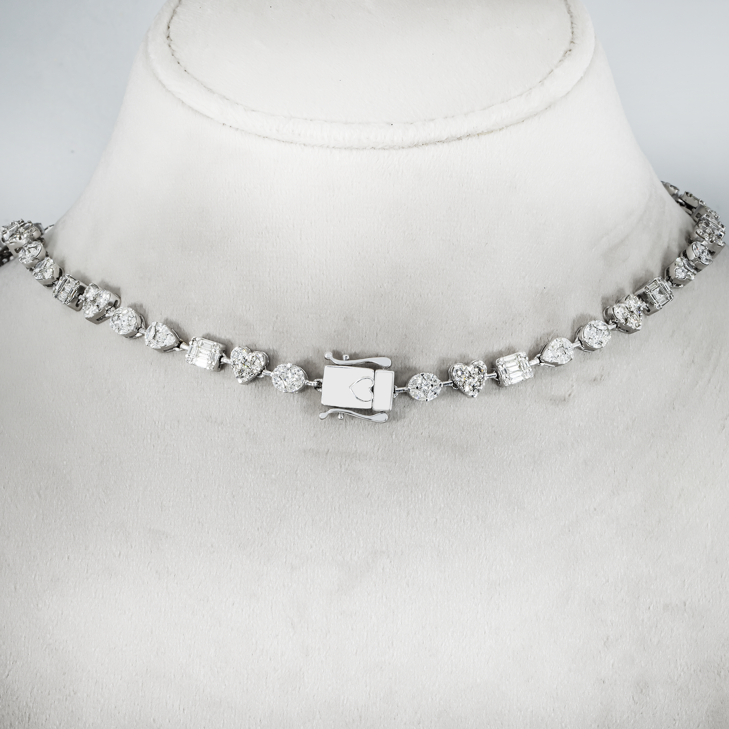 14K White Gold Combination Cut Diamond Triple Row Necklace 29.62ct