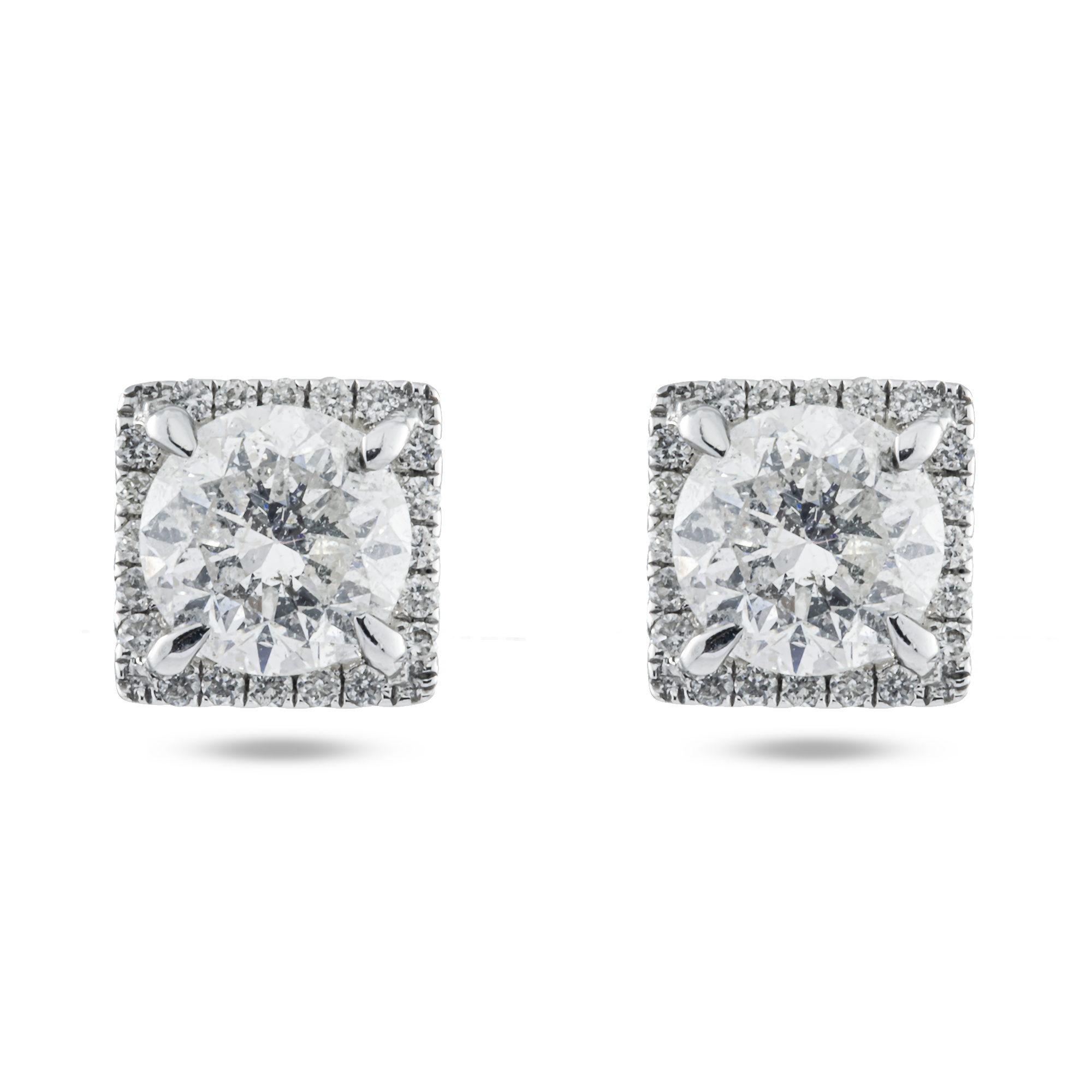 18K White Gold Square Shaped Round Diamond Stud Earrings 2.28ctw