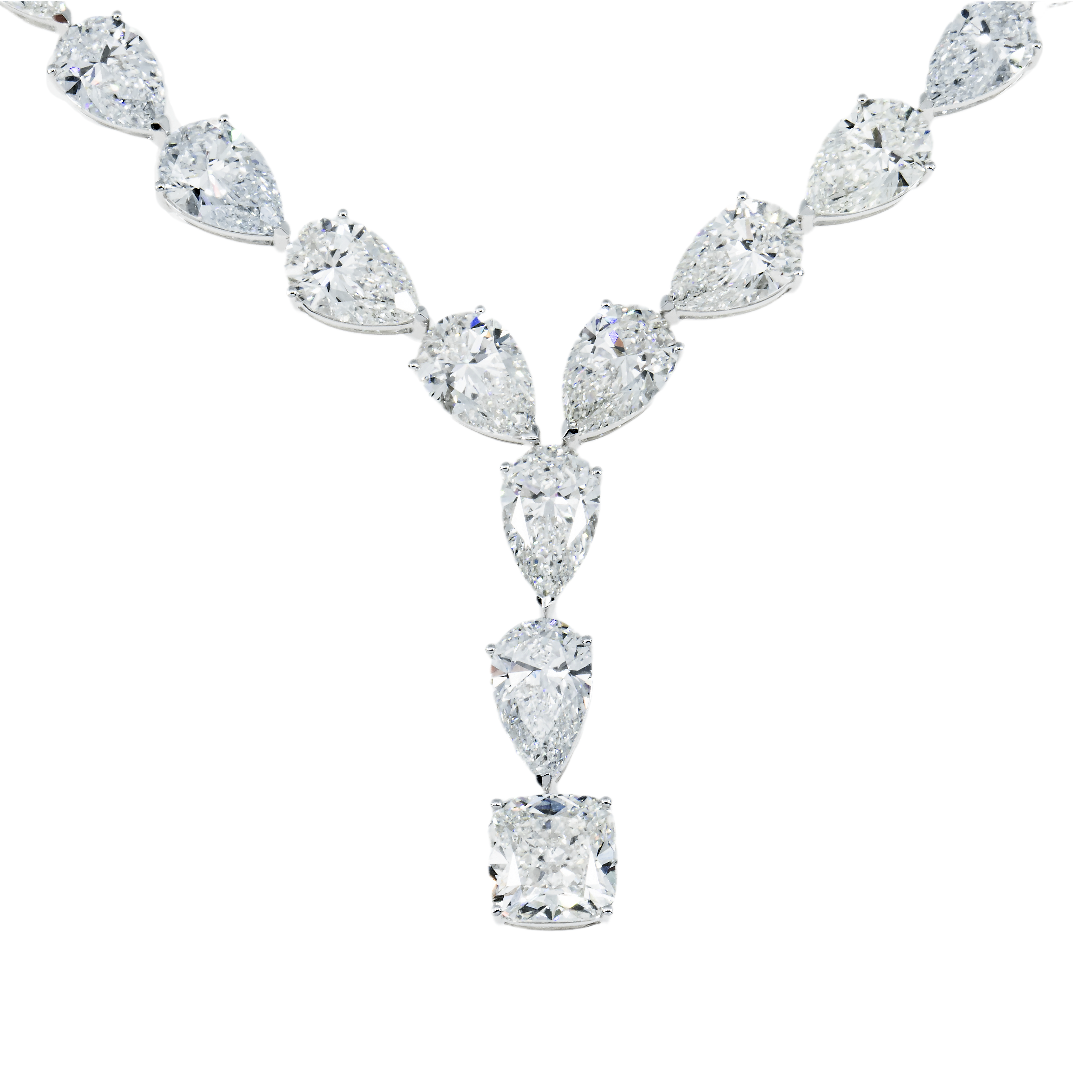 18K White Gold Pear & Cushion Cut Diamond Drop Necklace 40.28Ct Necklace