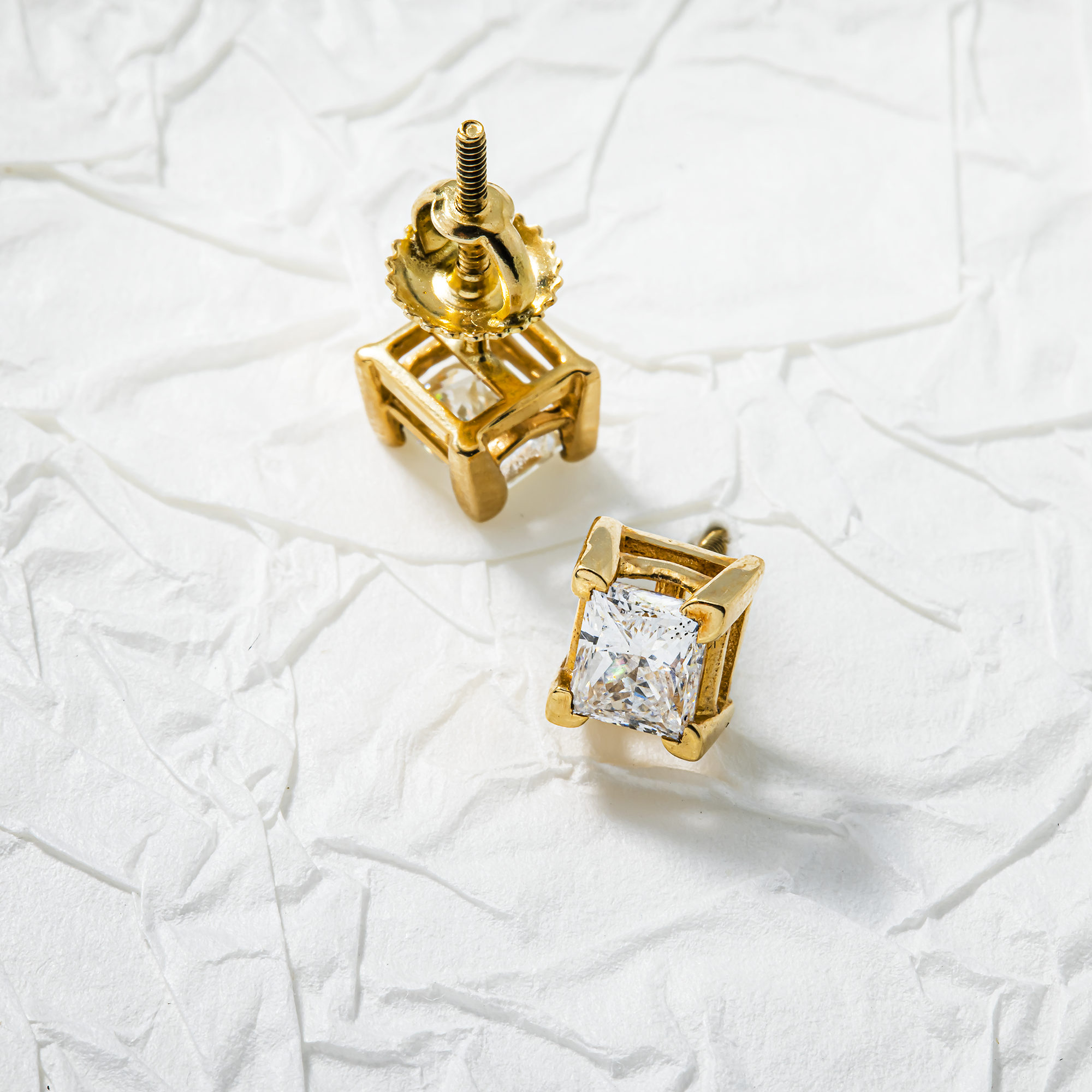 14K Yellow Gold Princess Cut Diamond Stud Earrings 1.48ctw