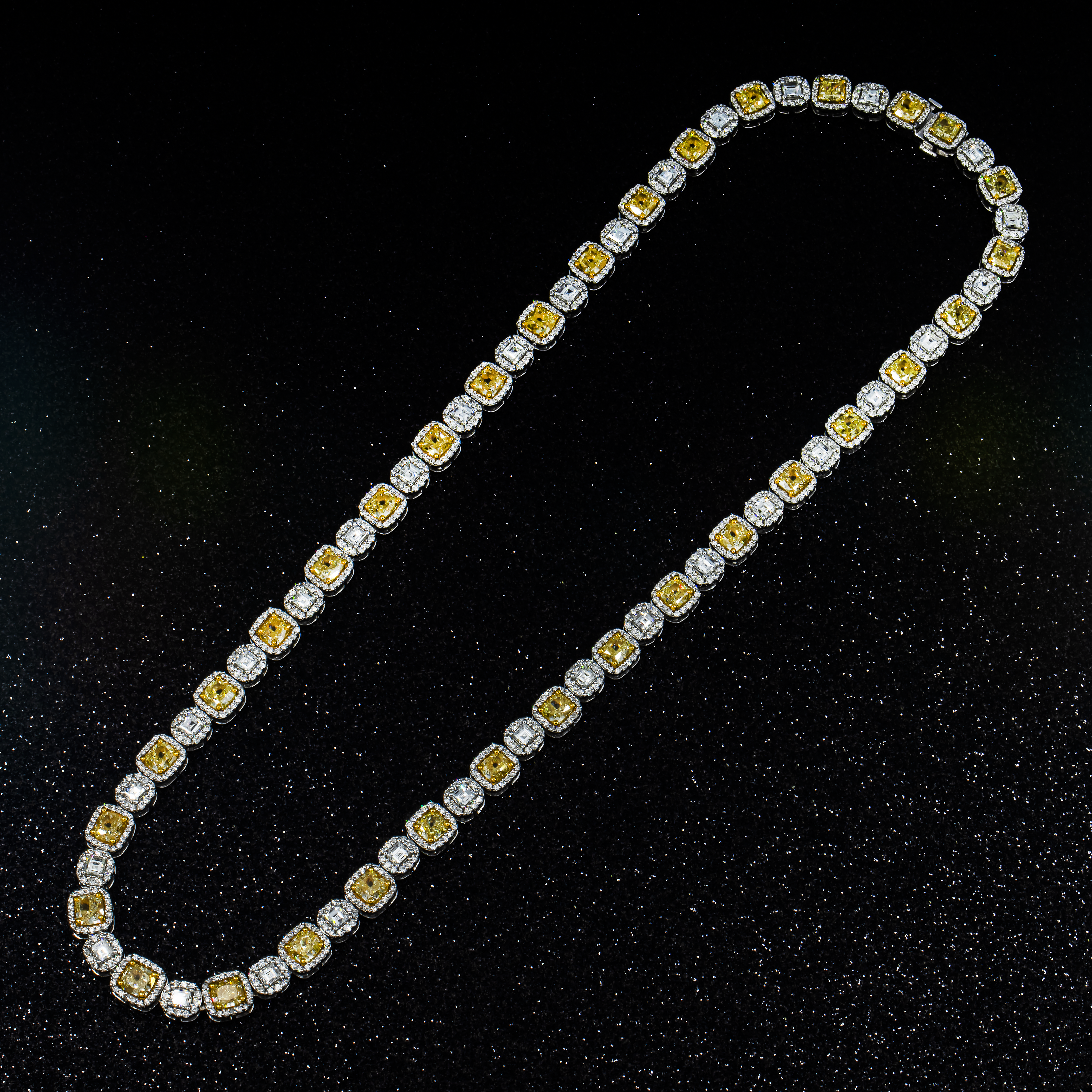 14K White Gold Fancy Yellow Diamond Square Link Chain 28.72Ct Necklace