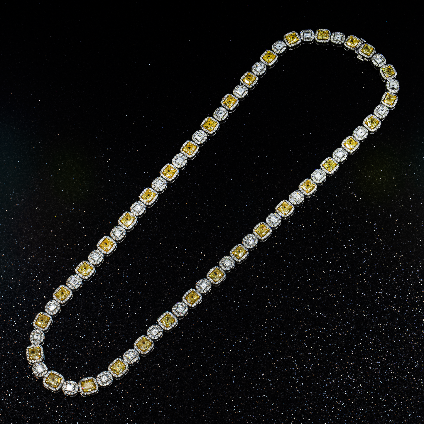 14K White Gold Fancy Yellow Diamond Square Link Chain 28.72ct