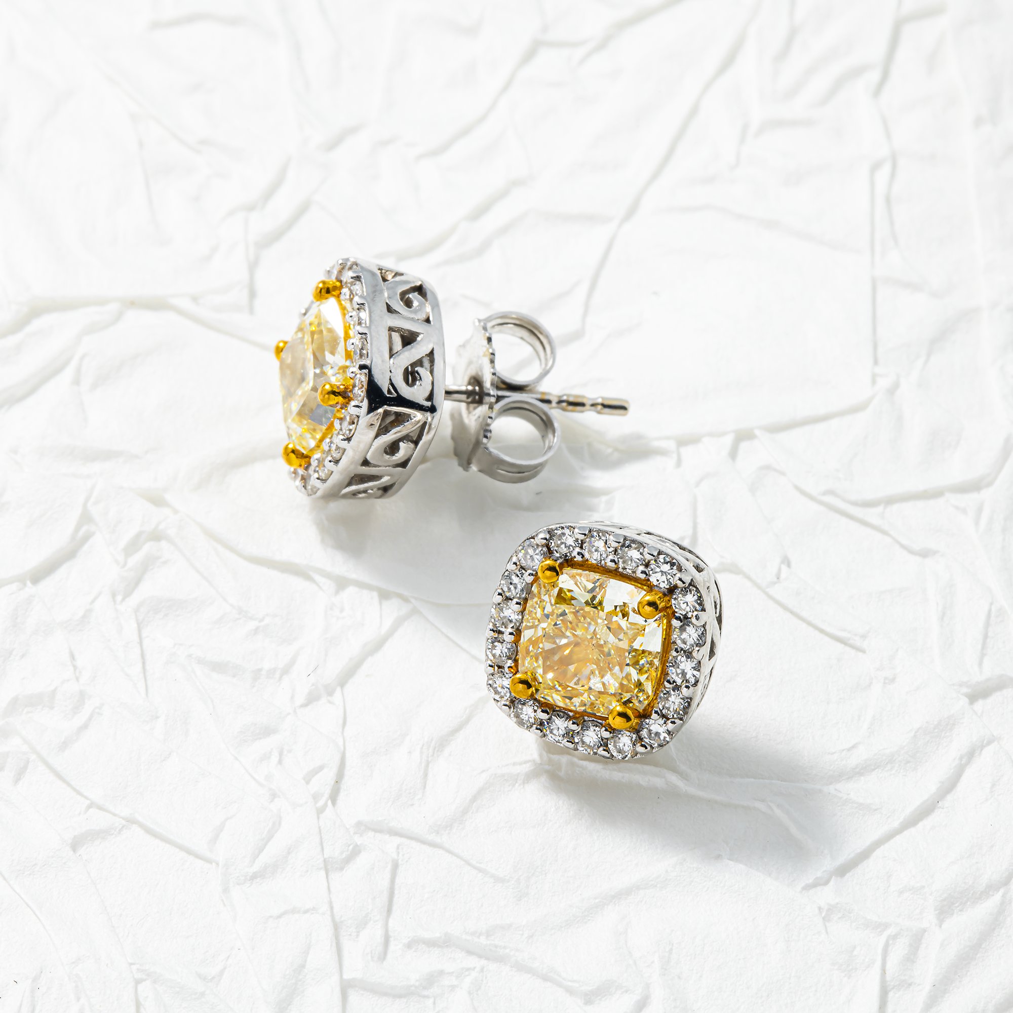 14K Two Tone Cushion Cut Fancy Yellow Diamond Stud Earrings 3.68ctw