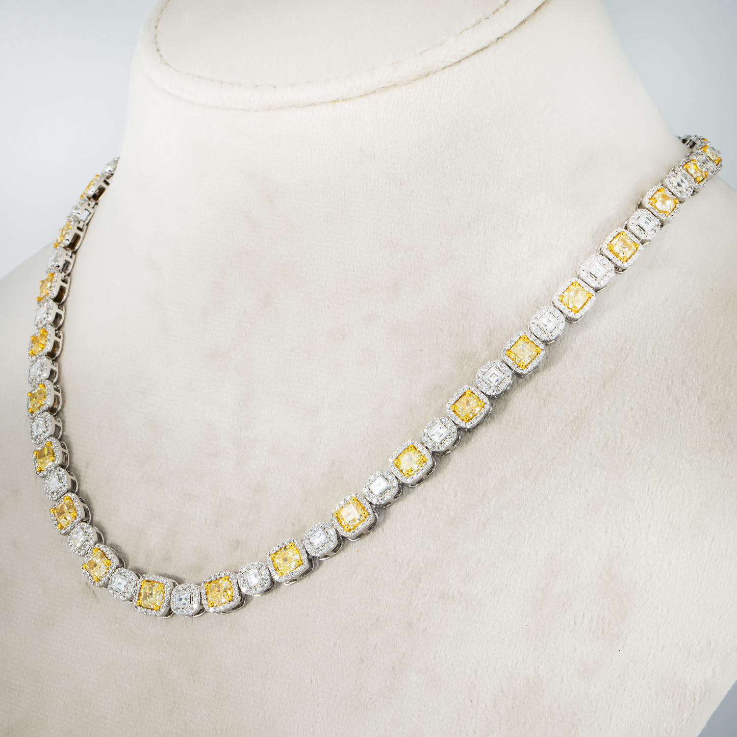 14K White Gold Fancy Yellow Diamond Square Link Chain 28.72ct