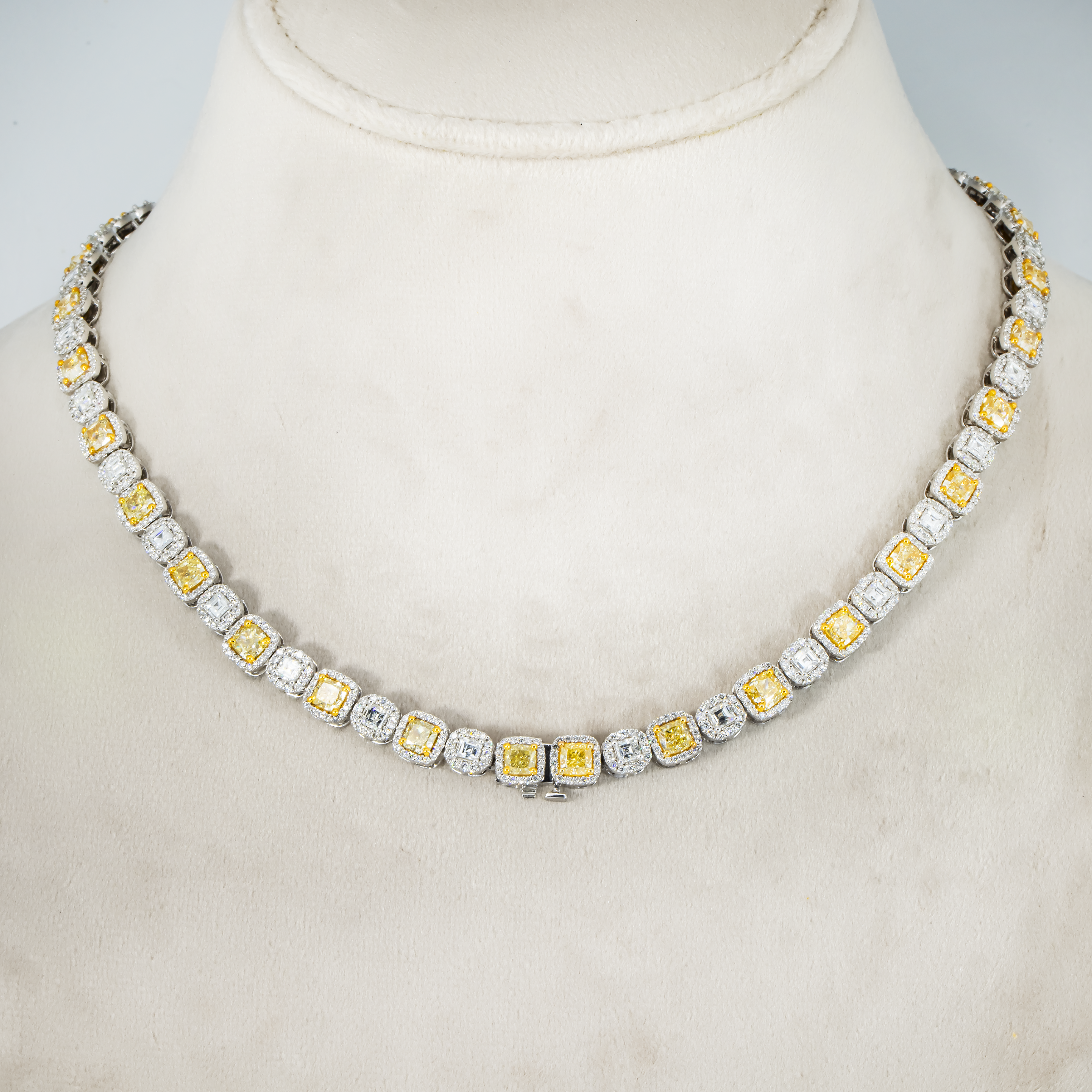 14K White Gold Fancy Yellow Diamond Square Link Chain 28.72Ct Necklace
