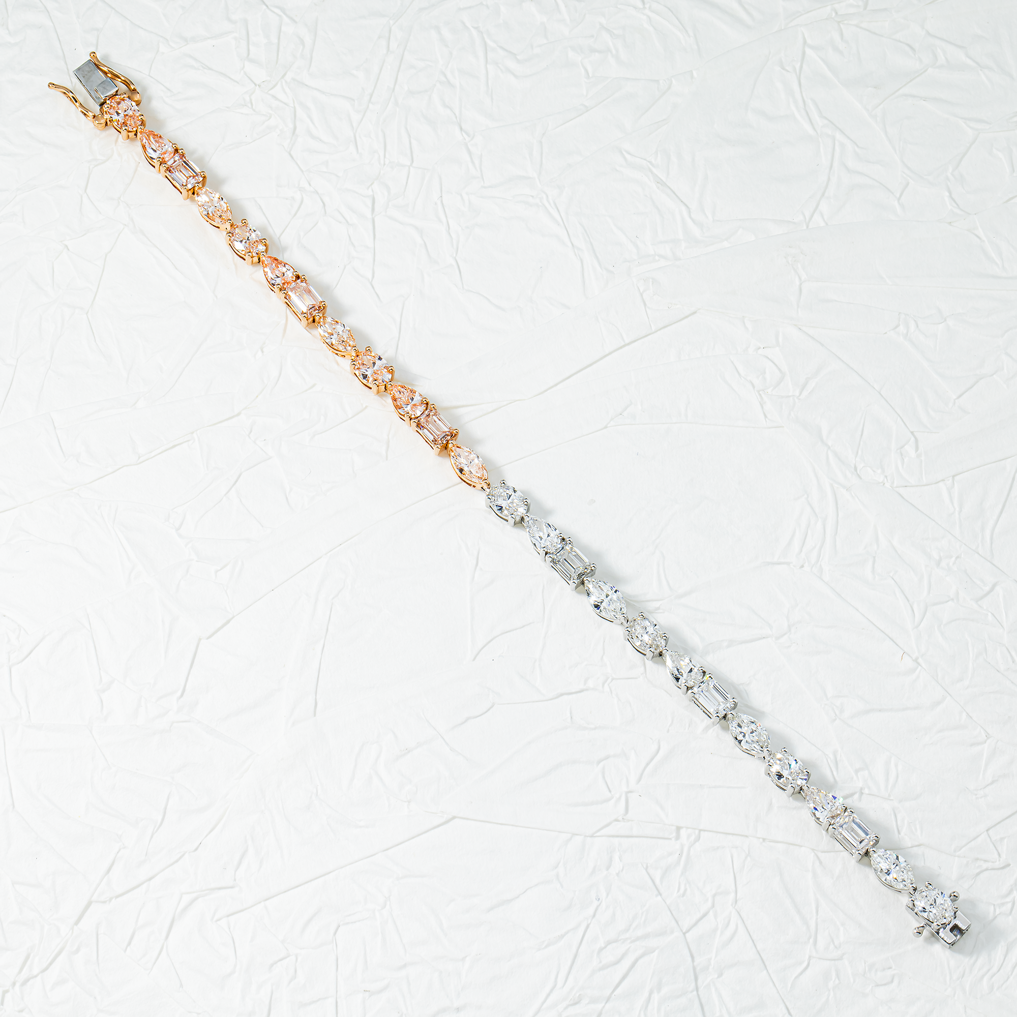 14kt Two Tone Multi Cut Fancy Pink and White Diamond Bracelet 11.77ct